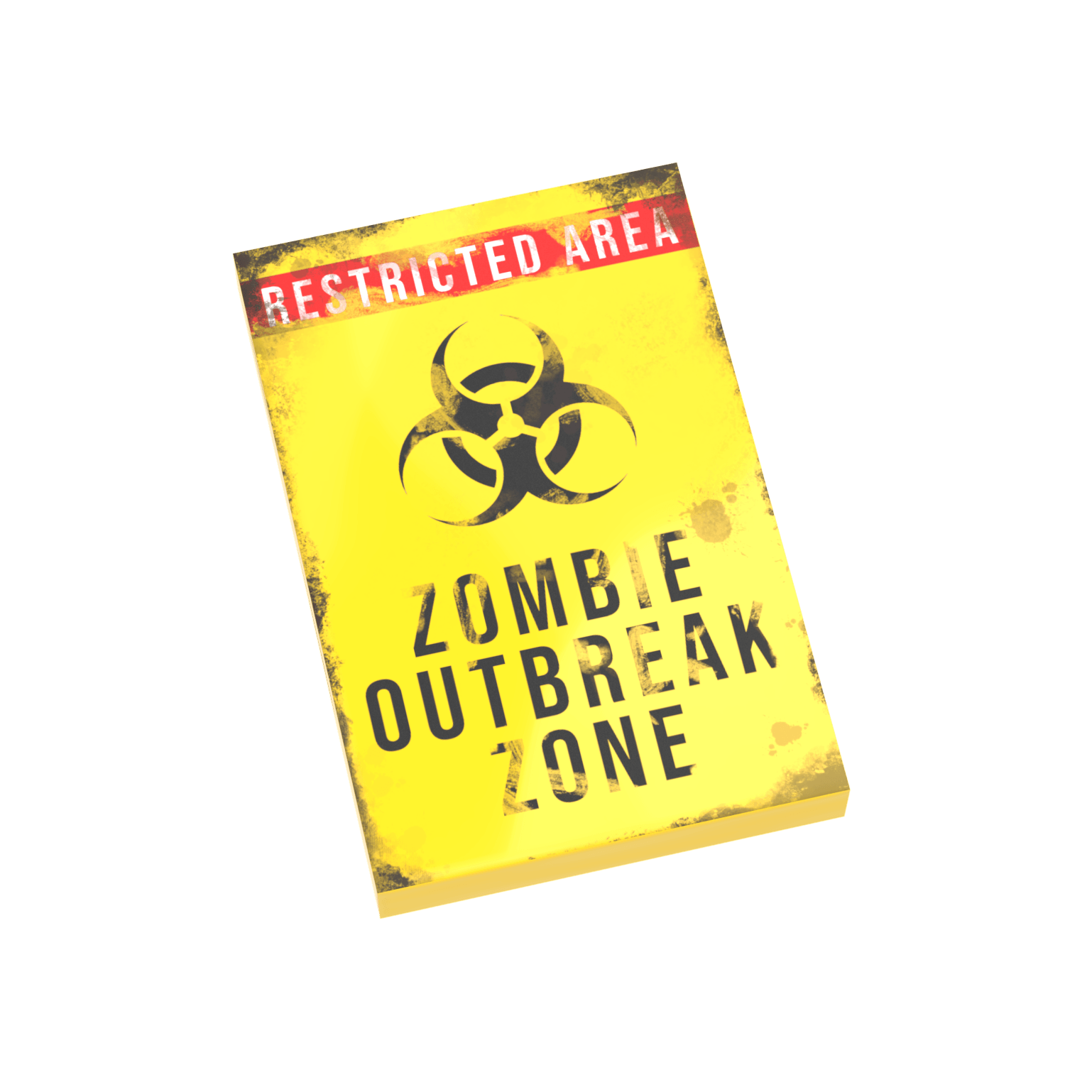 Yellow LEGO tile with restricted area and Zombie out break area. On a white background