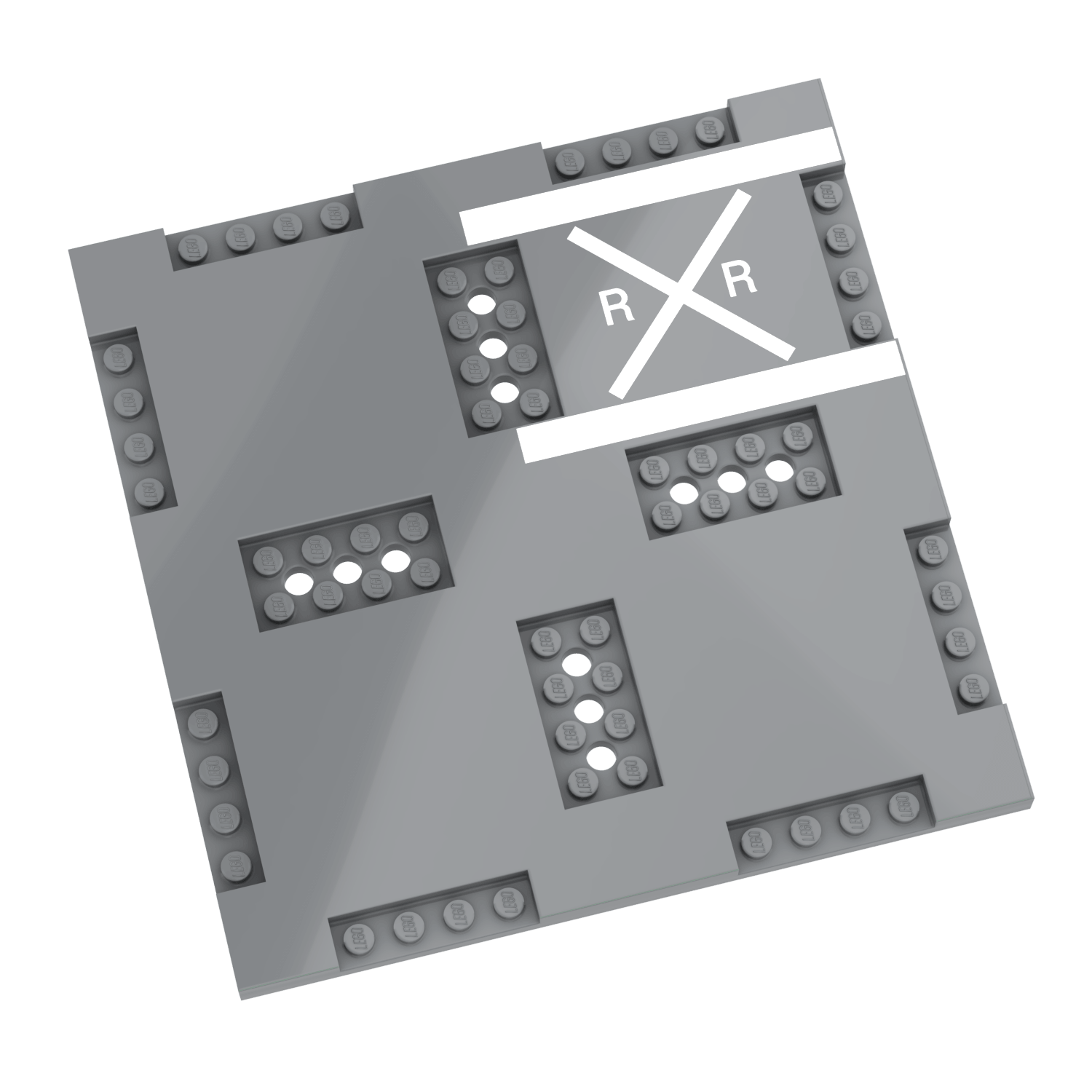 Grey LEGO road plate with the 2 white stop lines and R and R cross warning of an upcoming railroad crossing, on a white background