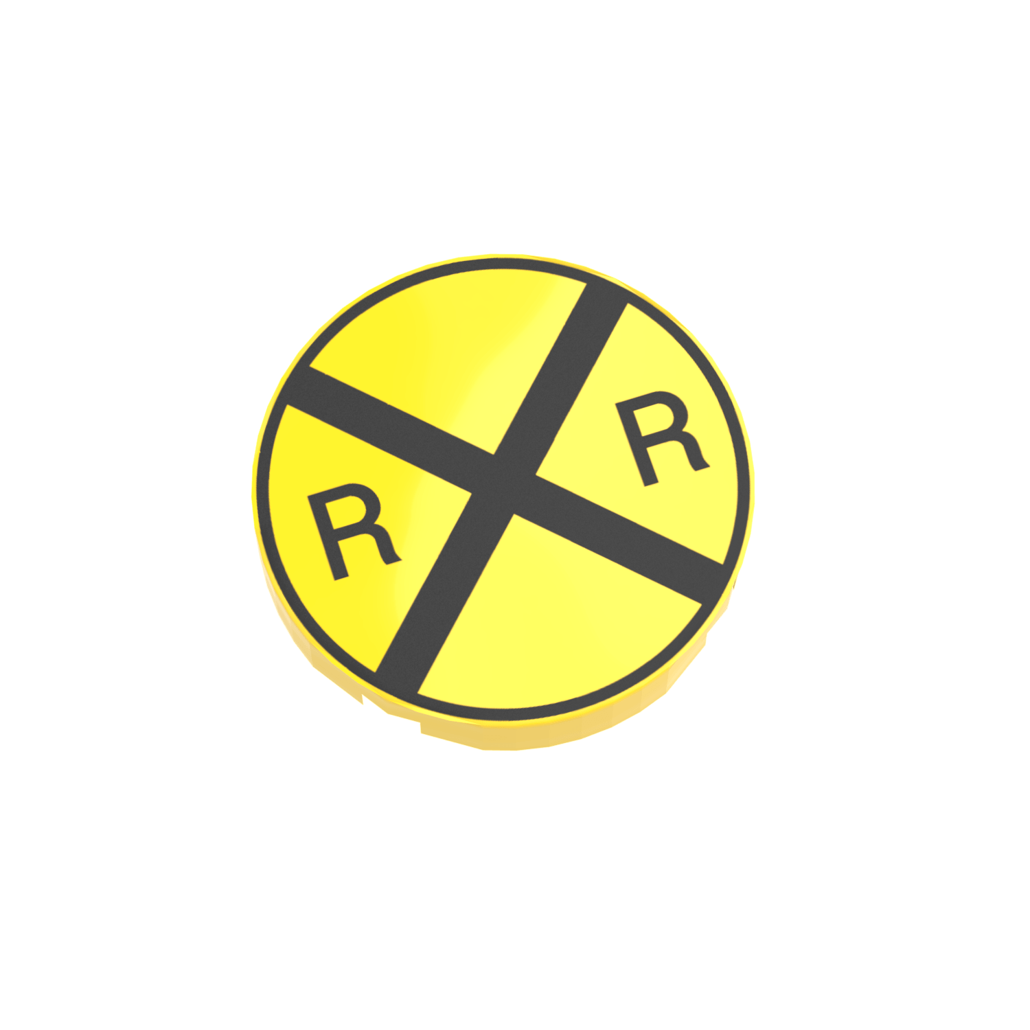 Yellow sign and in black  2 "R"'s and a black cross for a railroad sign printed on a round yellow LEGO  tile on a white background