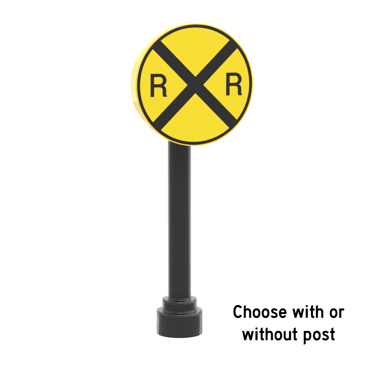 Yellow sign and in black  2 "R"'s and a black cross for a railroad sign printed on a round yellow LEGO  tile attached to a black post on a white background