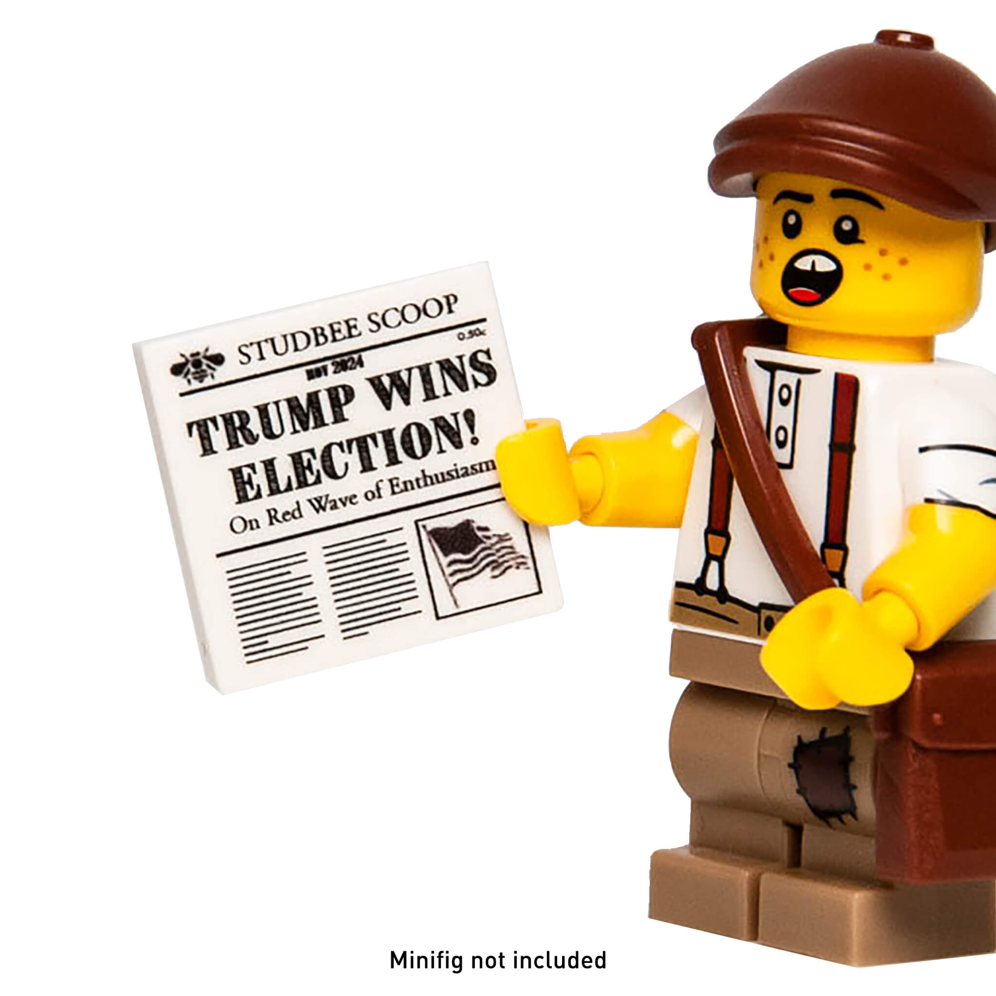 A Minifig newspaper boy holding the trump wins election newspaper