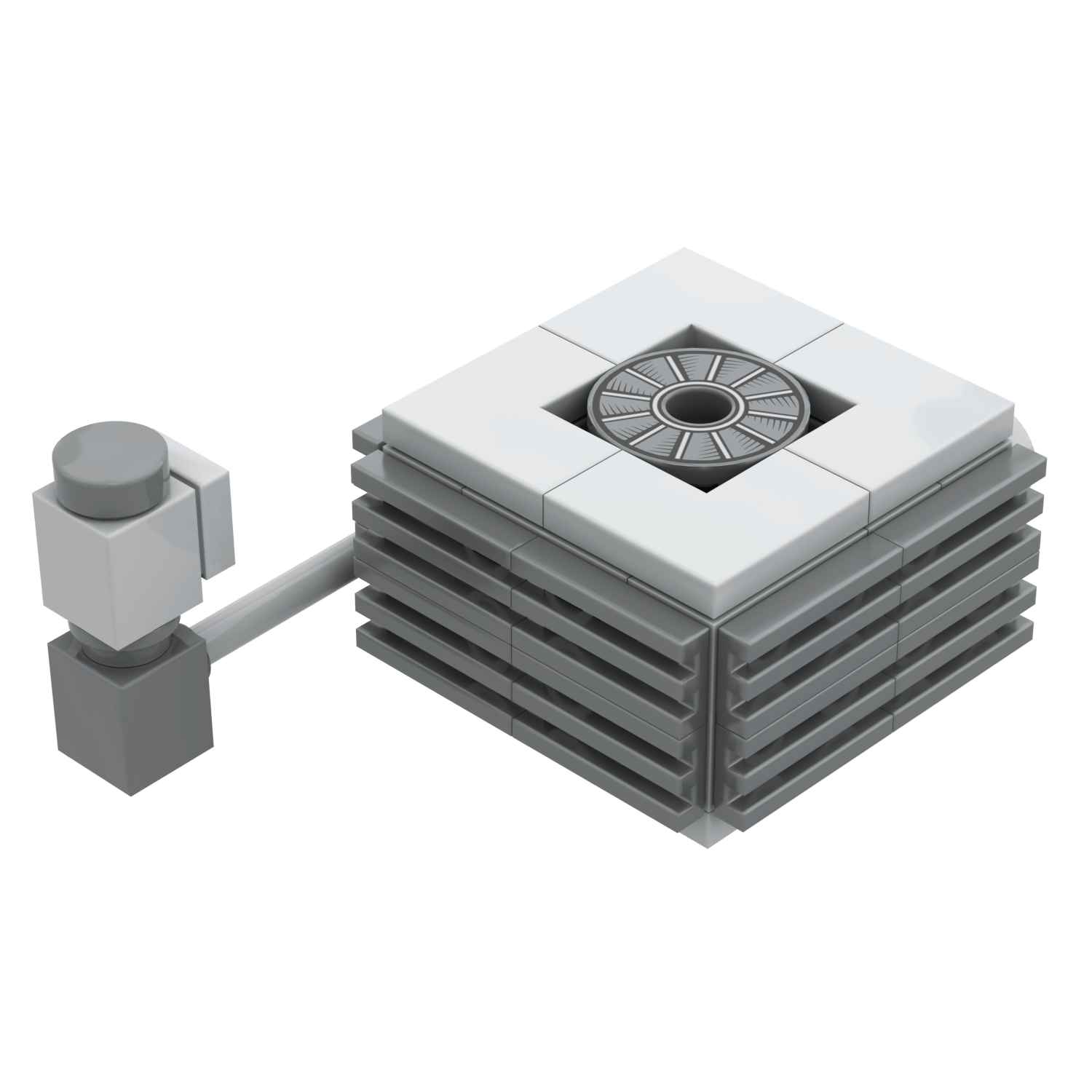 Review view of the custom LEGO model of a AC air conditioning unit with gauges and fan on a white background