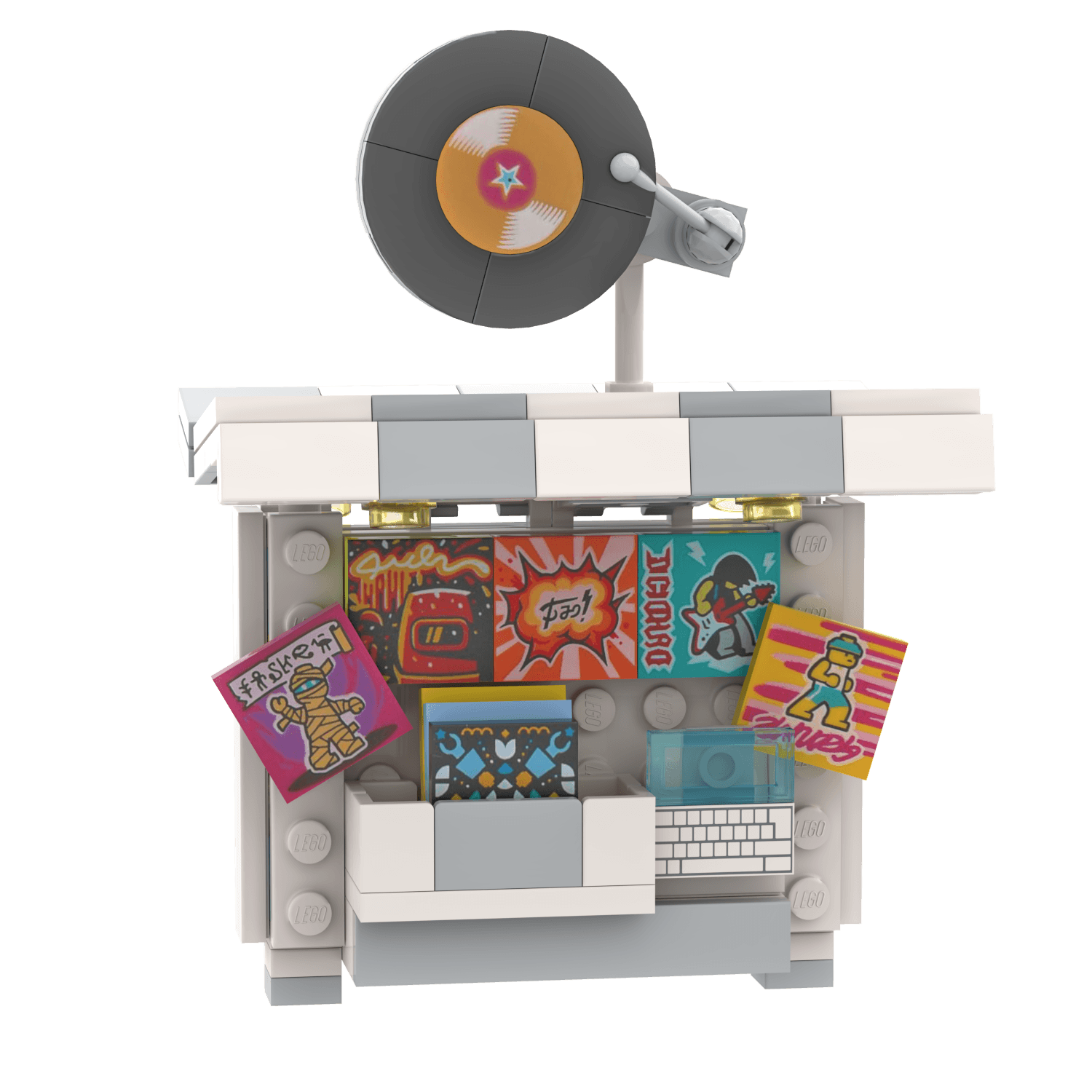record stand for a mall or market building kit with record icon on the roof on white background