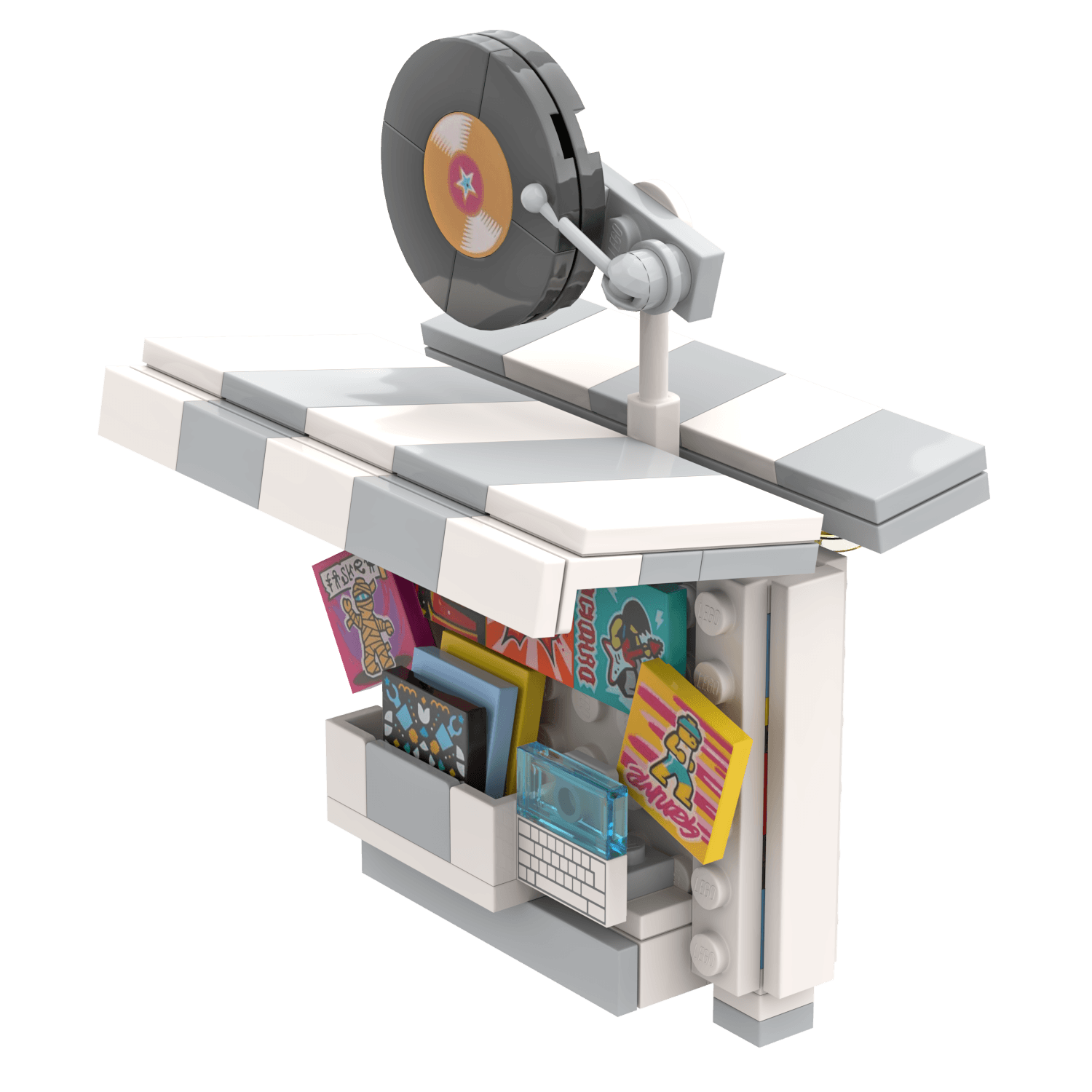 Top view of record stand kiosk in a mall or market building kit with record icon on the roof on white background