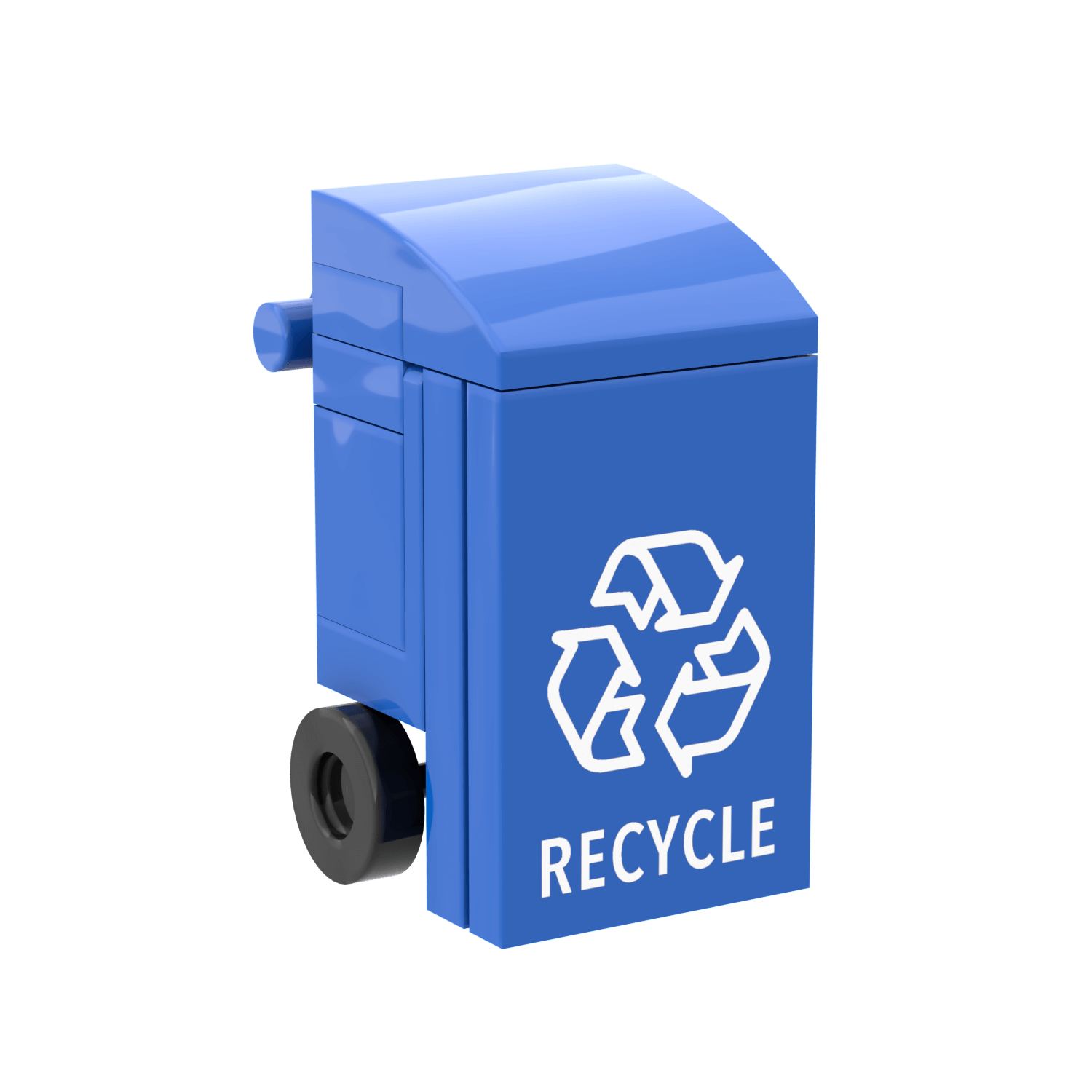 Blue recycling bin with a white recycling symbol on blue lego tile a black background