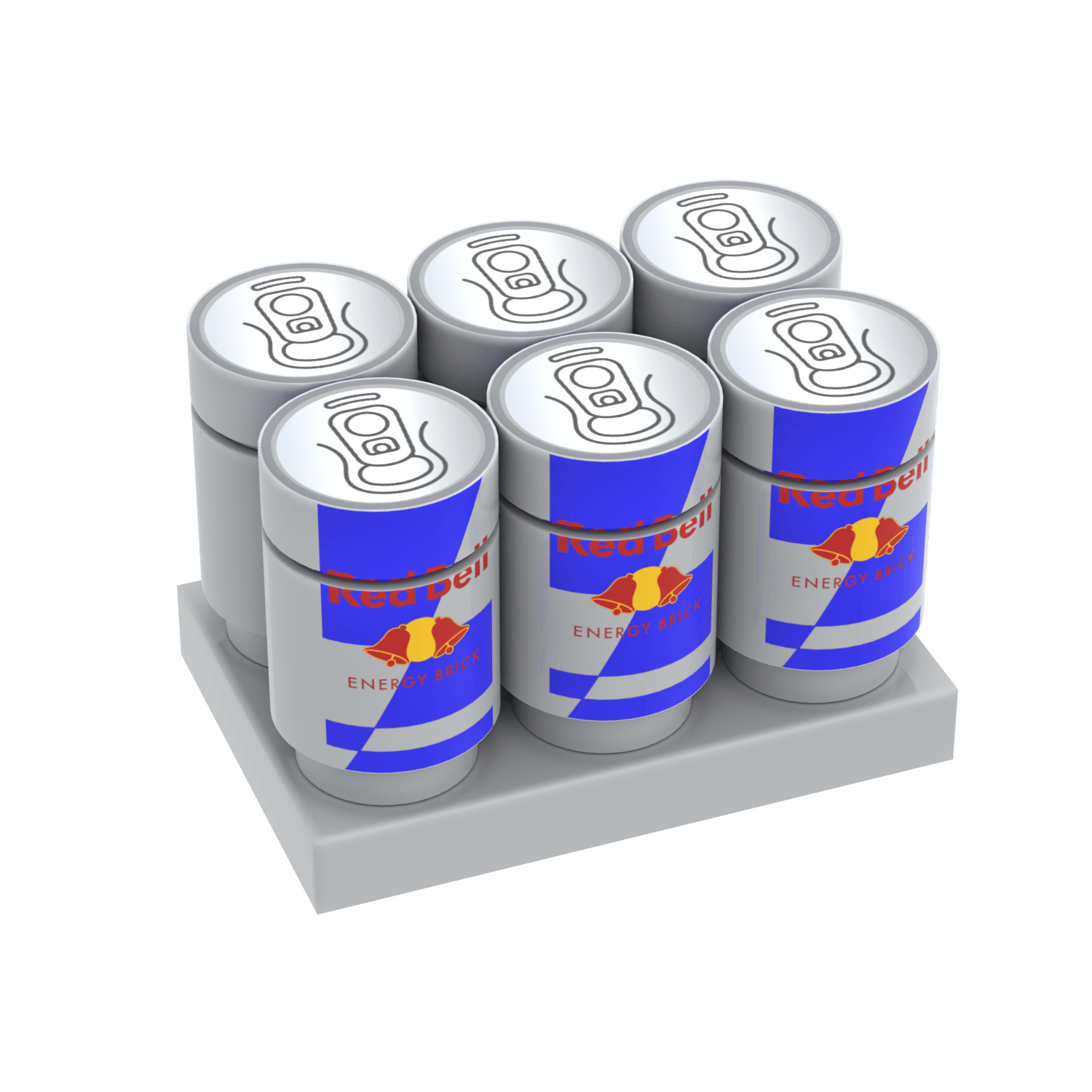 Six Red Bell LEGO drink cans on a grey LEGO plate on a white background
