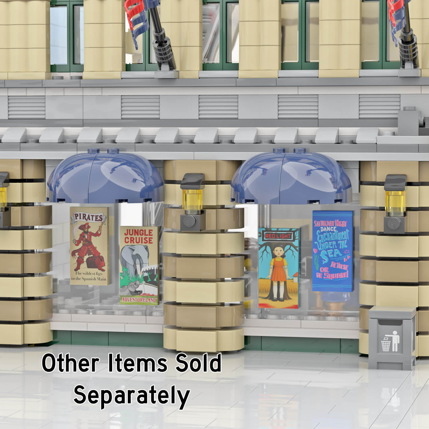 4 Ride and Fun posters being displayed in a 2 windows on a LEGO brick built building with blue awnings and grey sidewalks.