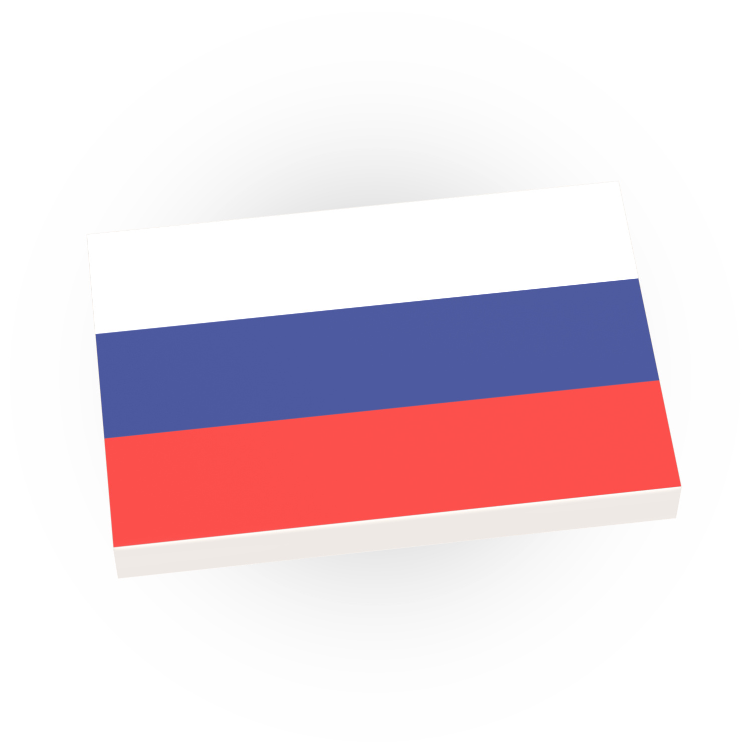 A custom printed Lego 2x3 white tile with the Russia country flag.