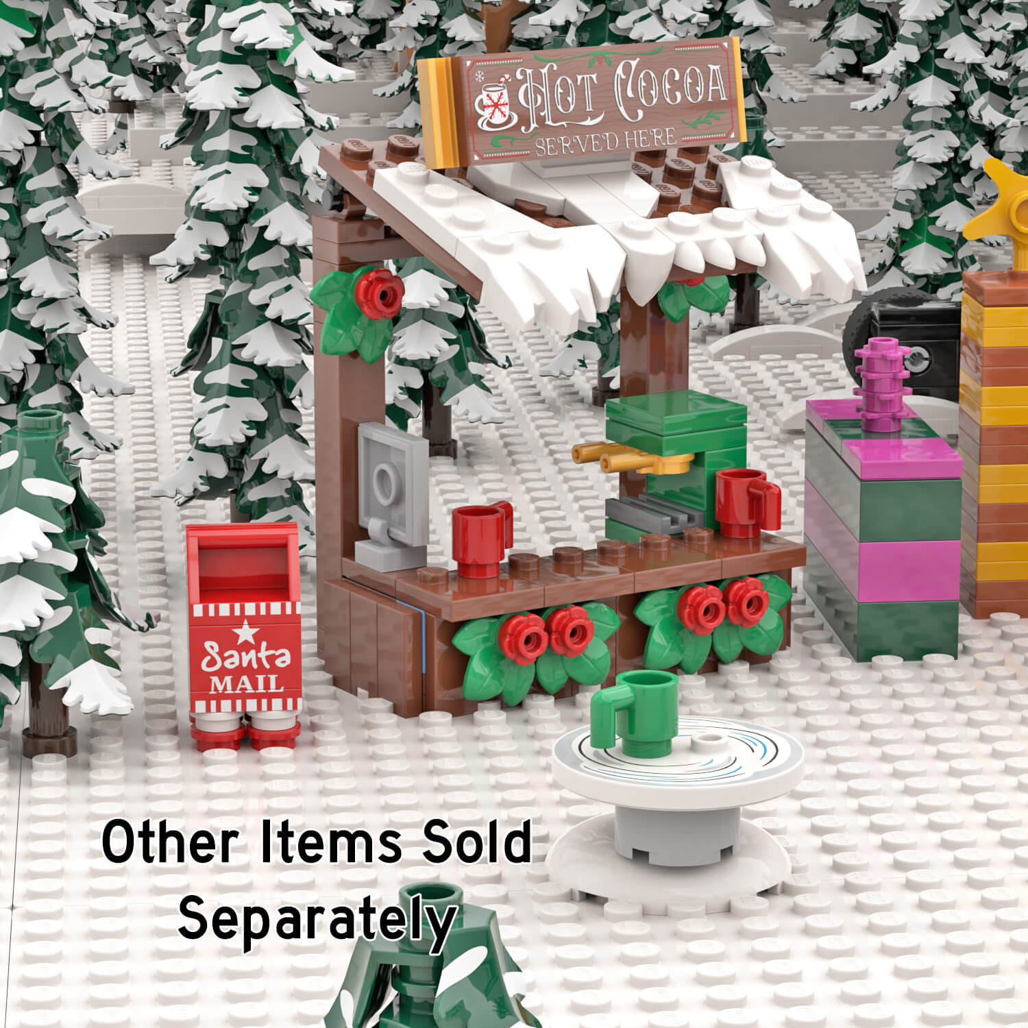 Santa Mailbox LEGO set in a white snow filled winter scene with a hot cocoa stand, snow covered trees  and presents in the back ground.