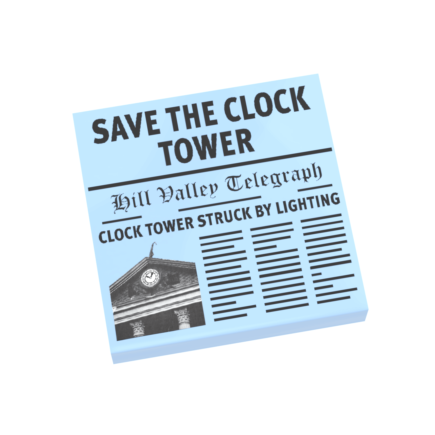 A custom printed Lego tile with a 'Save The Clock Tower' newspaper poster design.