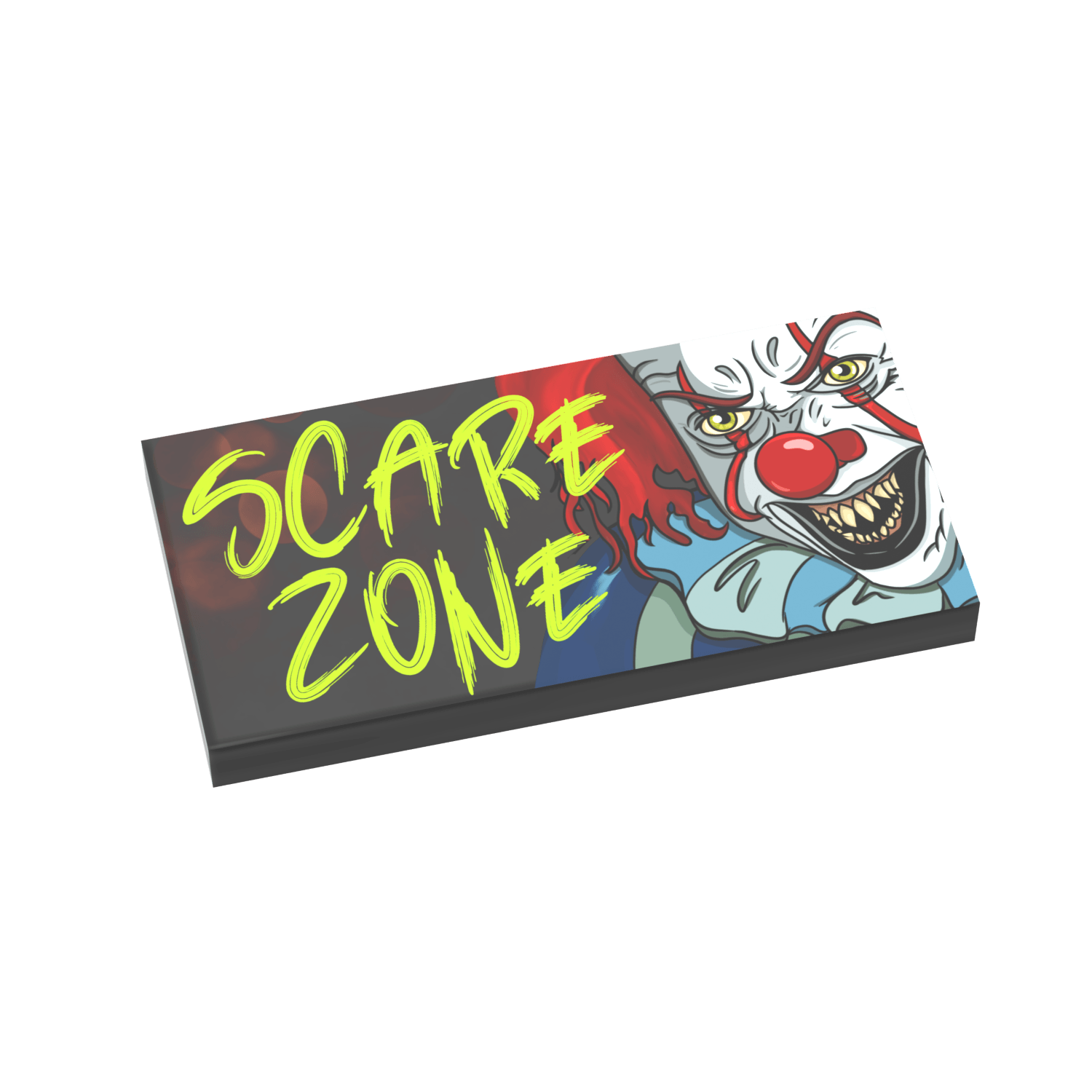 Scare Zone Halloween Sign written in a painted written style with a creepy clown printed on a black LEGO tile, on a white background.