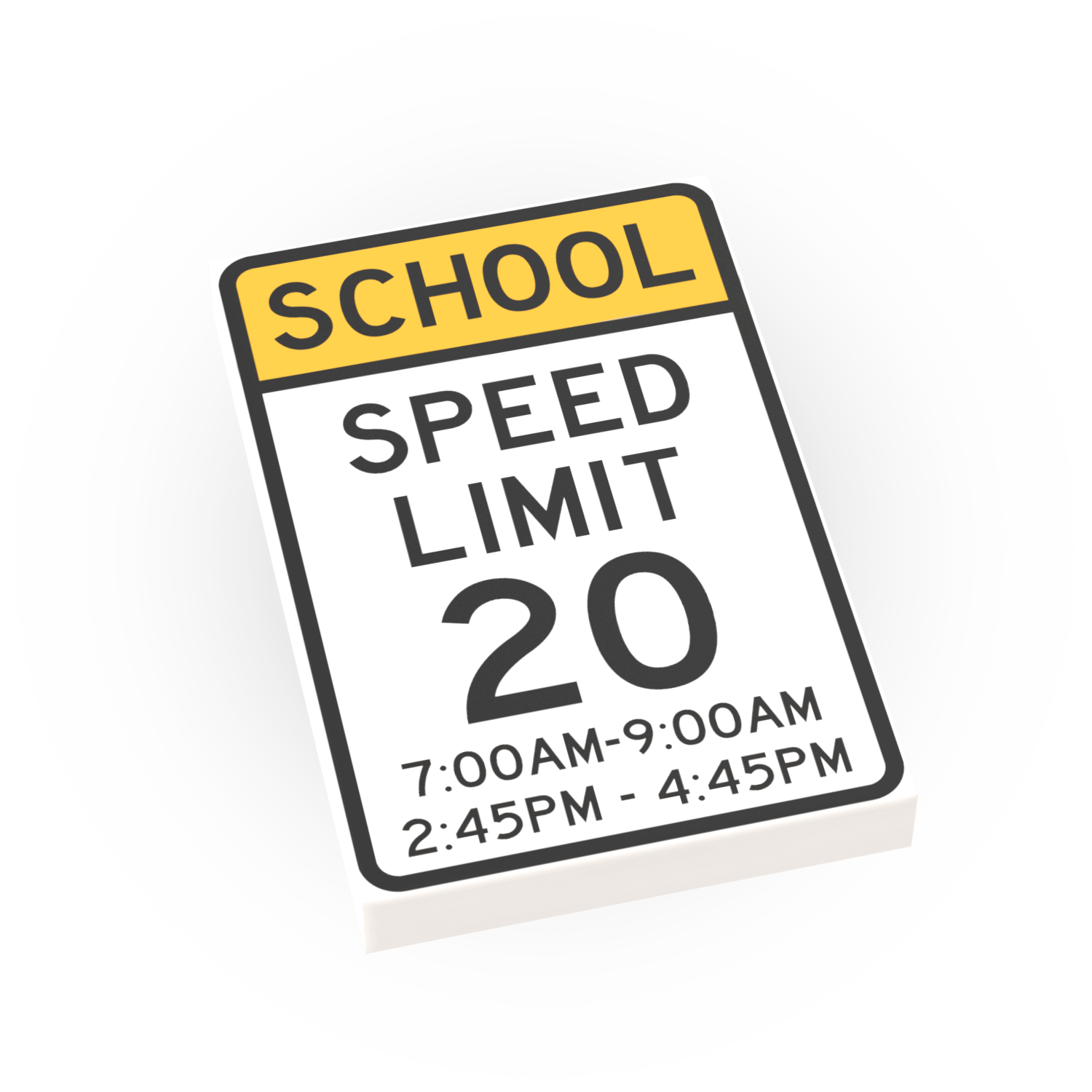 School speed limit sign with yellow border and black text on a white background