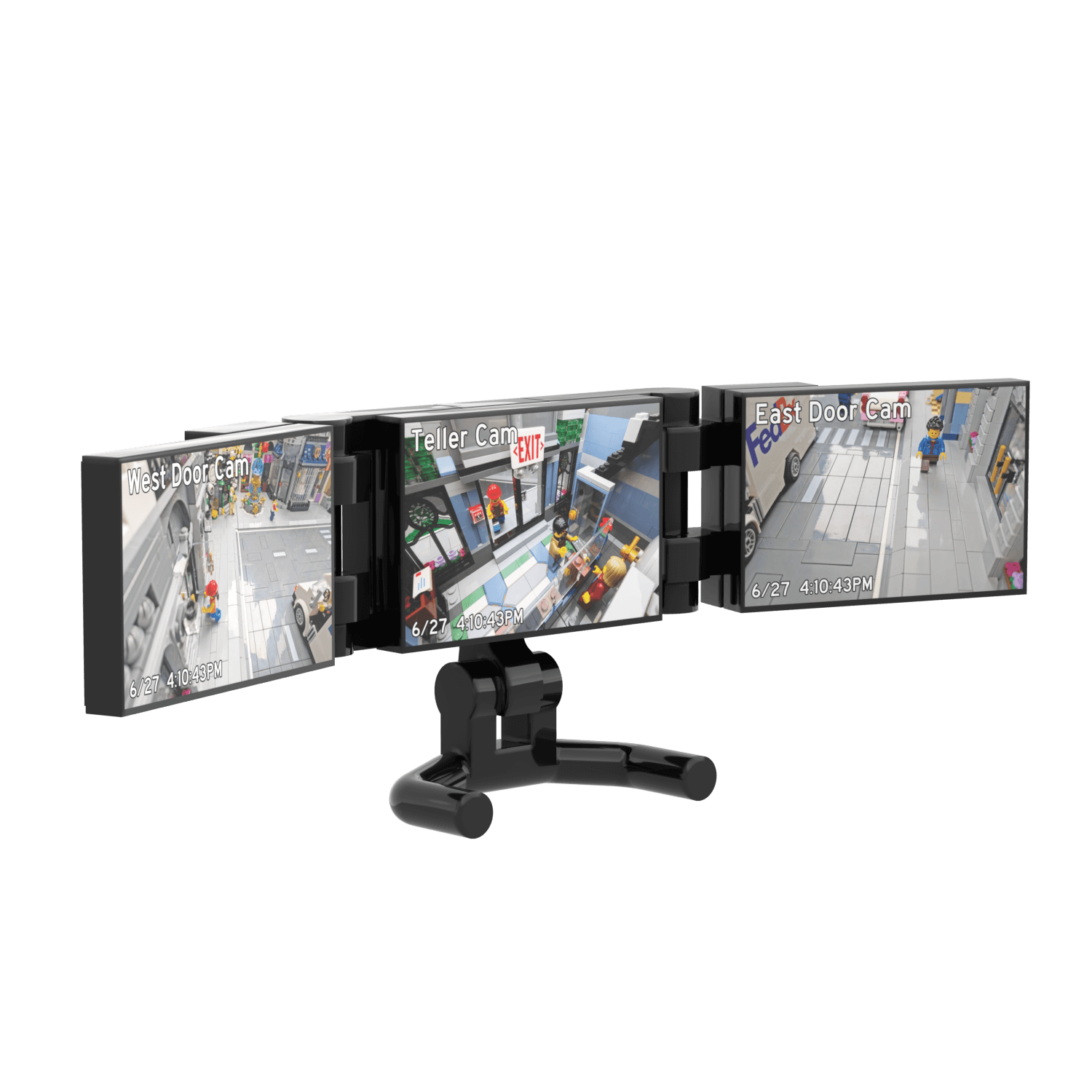 Multi-monitor setup with three screens displaying different views on a black background