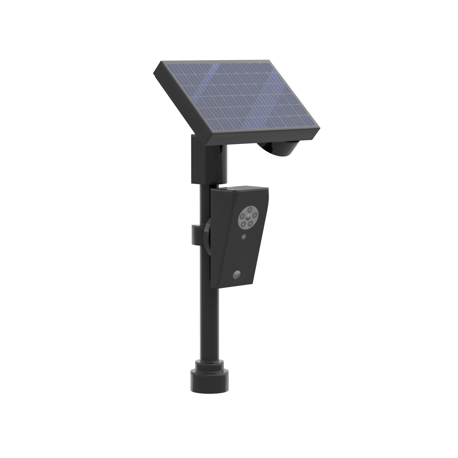 Flock Camera - side view black surveillance camera on a black pole with a solar panel on top for power, custom printed LEGO set.