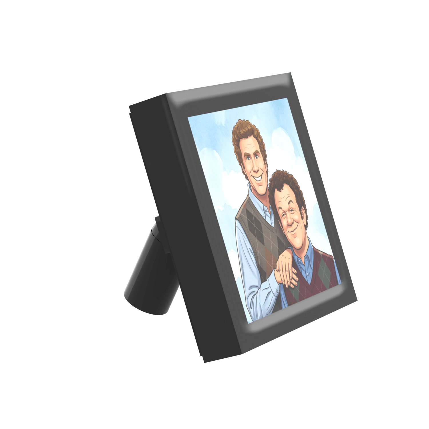 Side angled view of a printed LEGO photo frame of 2 brothers with a light blue photo background with a black border on a white background.