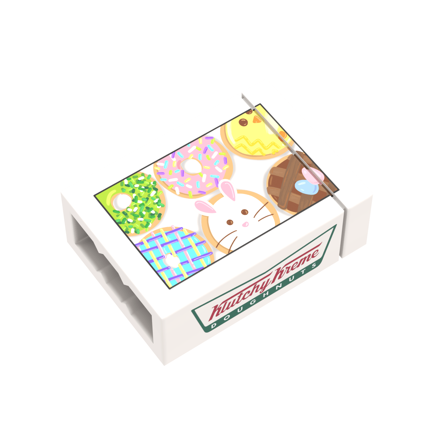 Side view of our white box of Easter Donuts with Klutchy Kreme Doughnuts custom printed with colorful doughnut illustrations on a white background