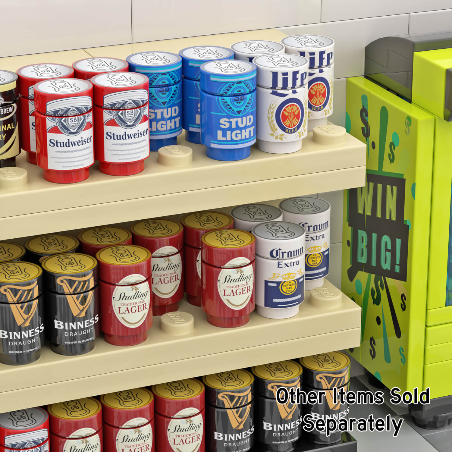 Assorted custom printed beer cans on a shelf in a lego built shop setting.
