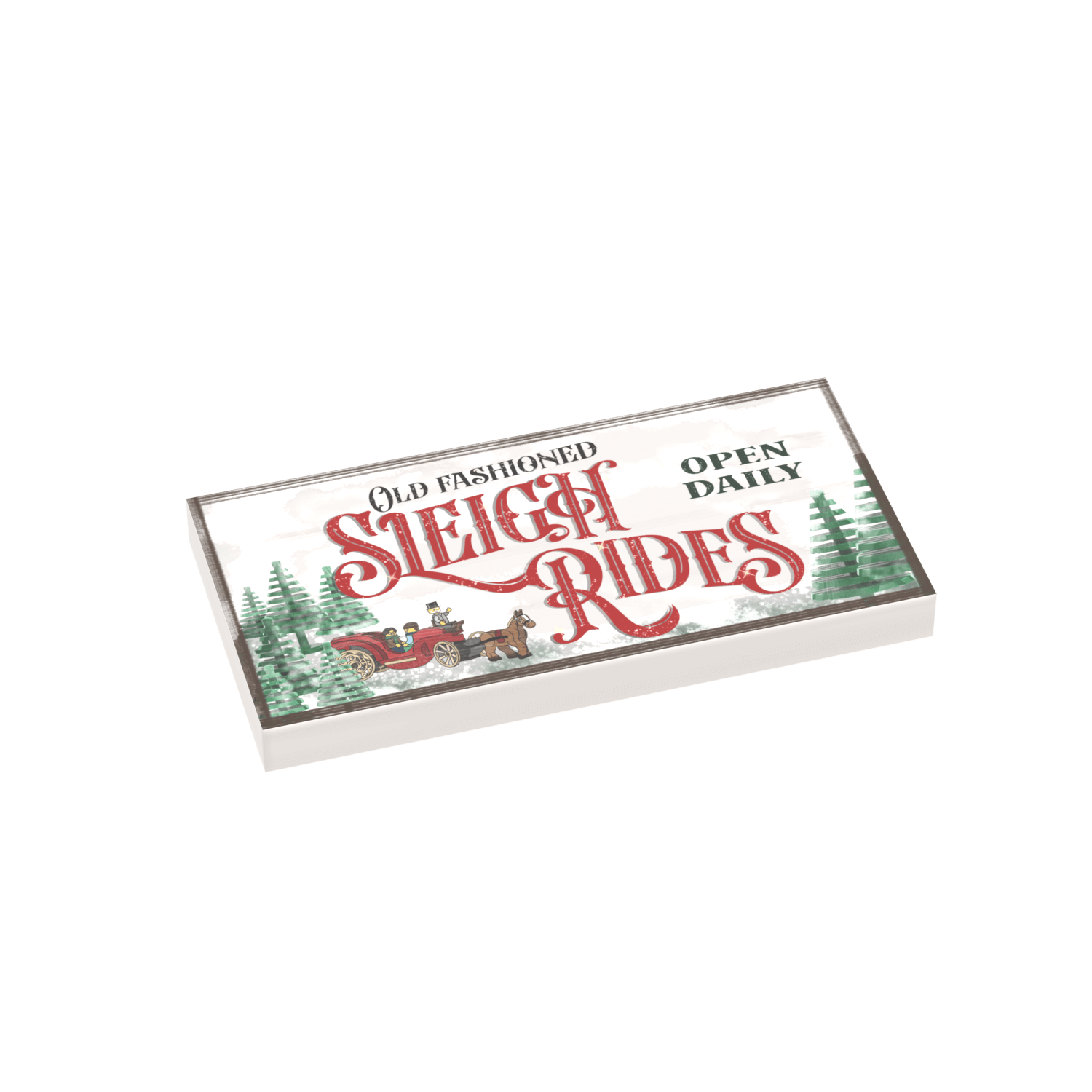 Rectangular sign with 'Old Fashioned Sleigh Rides Open Daily' text and Christmas-themed graphics on a white background.