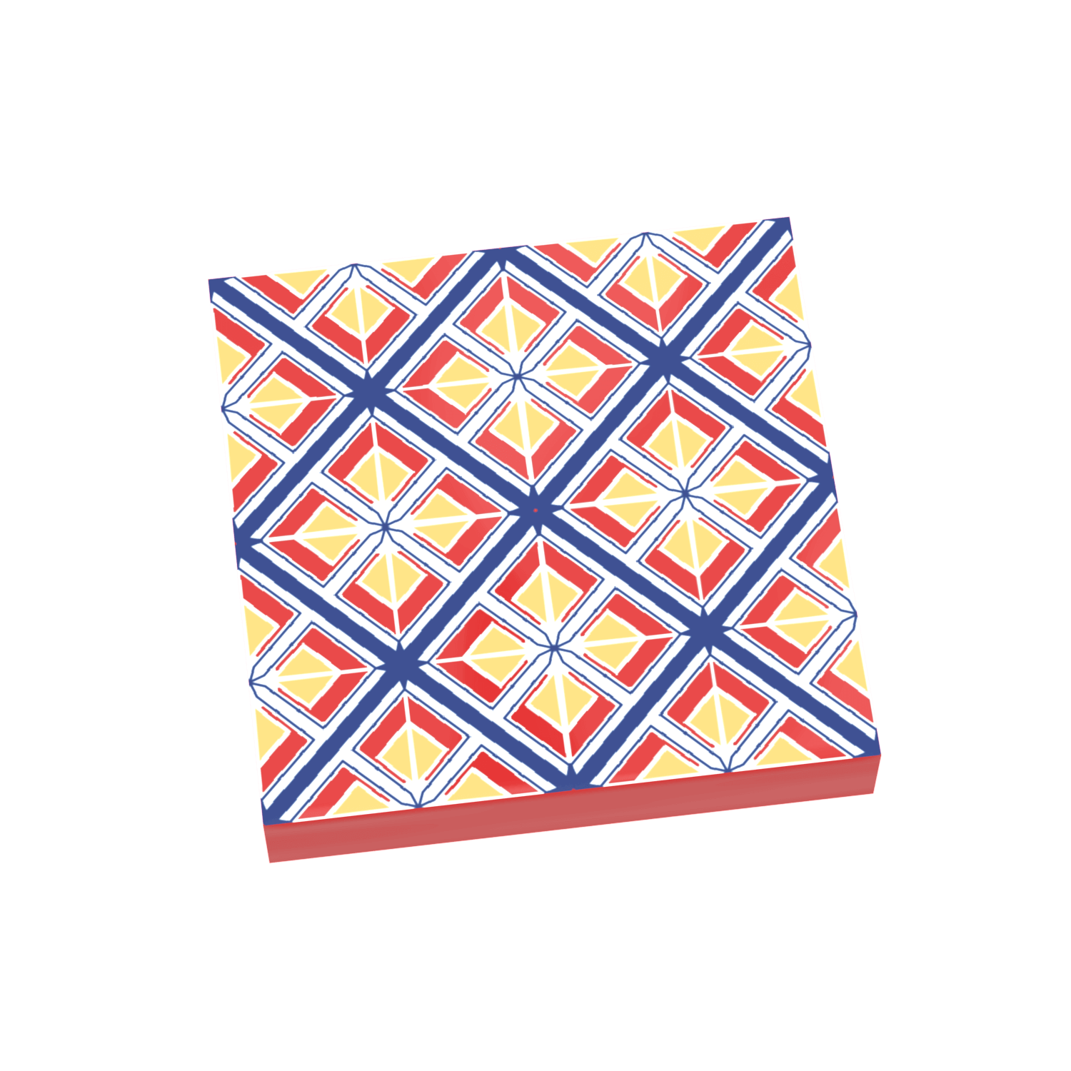 A custom printed 2x2 red Lego tile with a geometric and floral pattern in red, blue, and yellow.