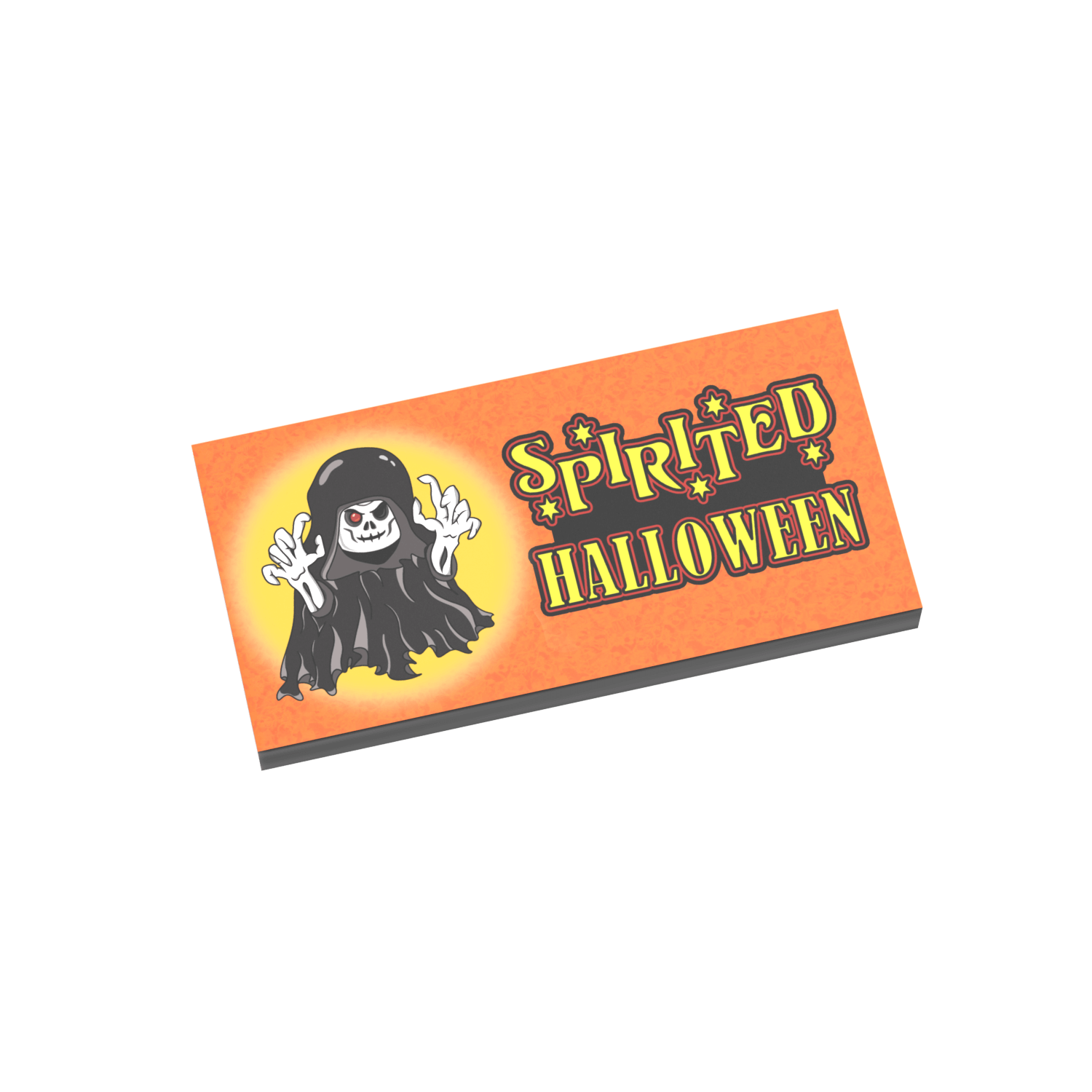 Halloween-themed store sign with a ghost design on an orange background