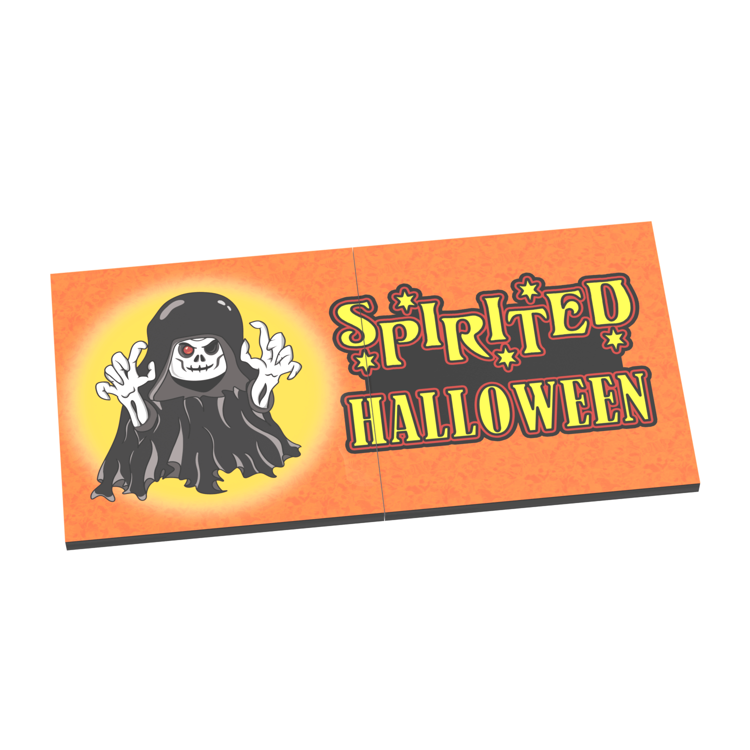 Halloween-themed orange billboard with a ghost and 'Spirited Halloween' text with a white background