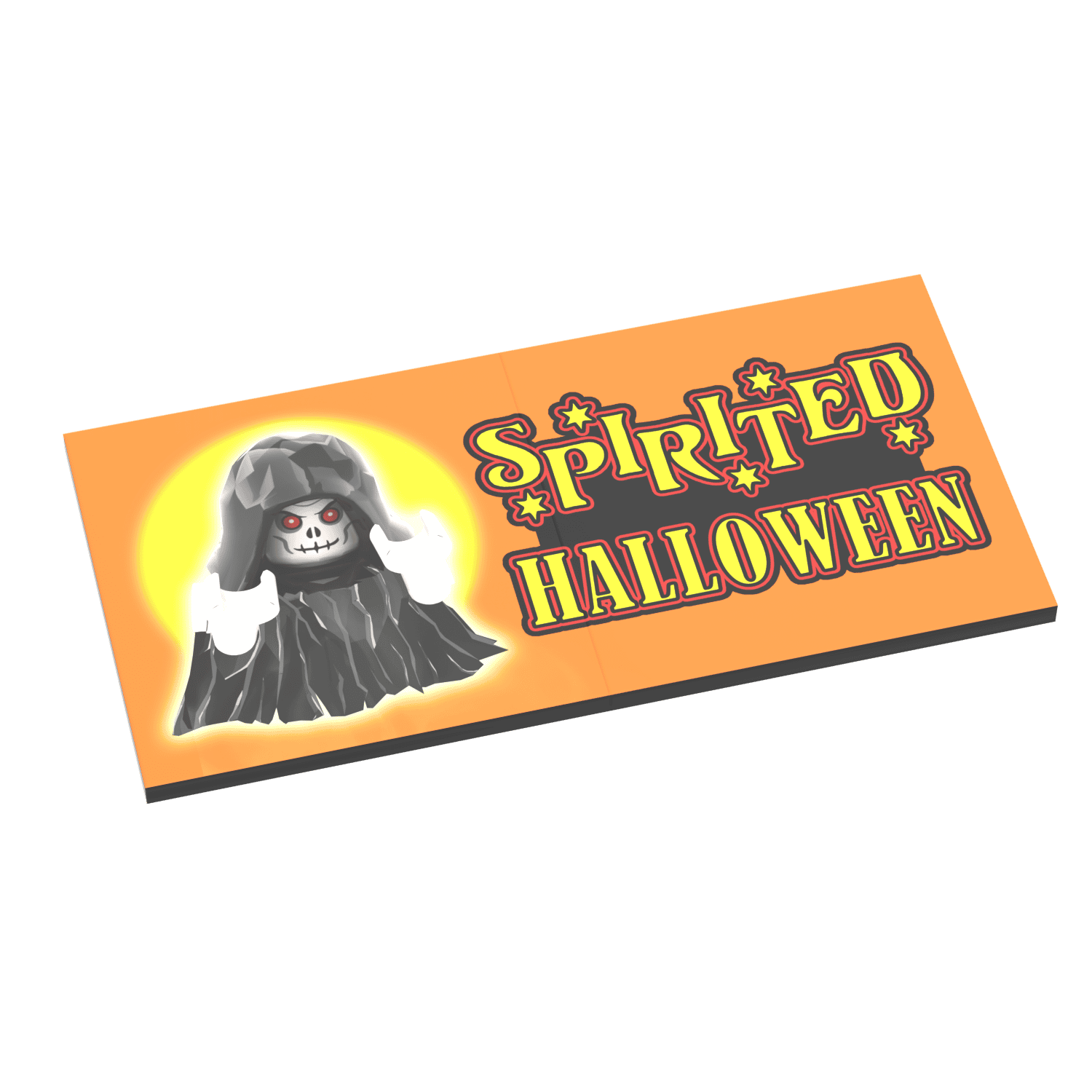 Lego Halloween-themed billboard with a ghost and 'Spirited Halloween' text on an orange background