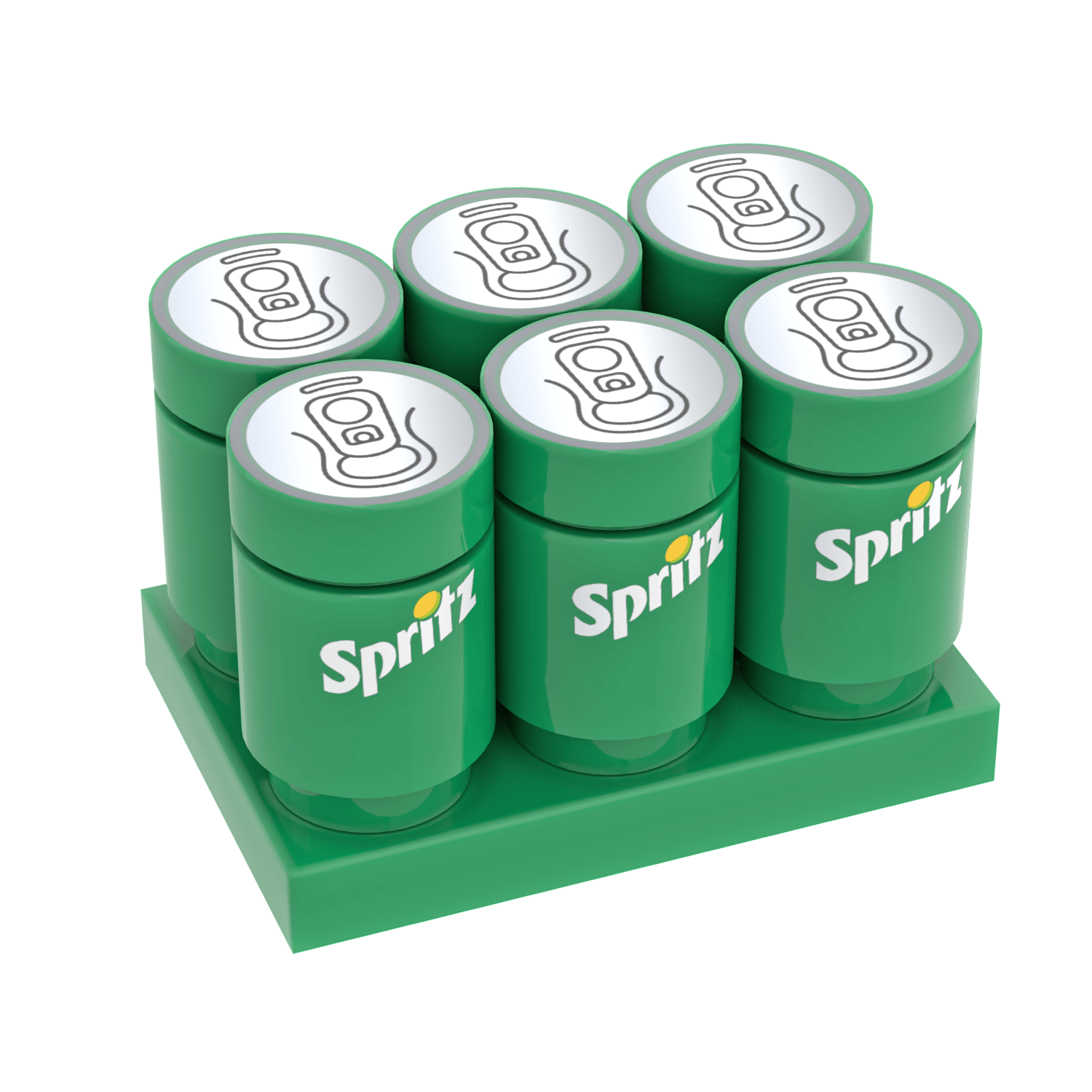 Six Spritz LEGO drink cans on a green LEGO plate on a white background