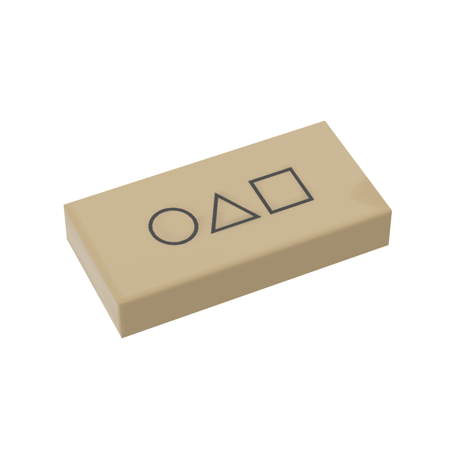 Beige rectangular block with squid game geometric symbols on a black background