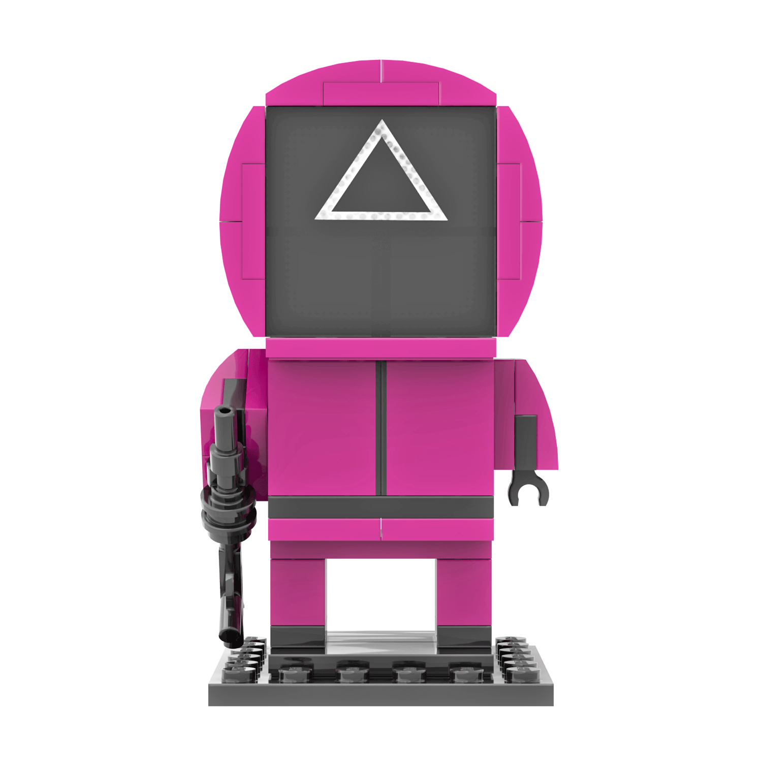 Custom Lego set of a Squid Game guard in a pink jumpsuit with a triangle mask and a gun.