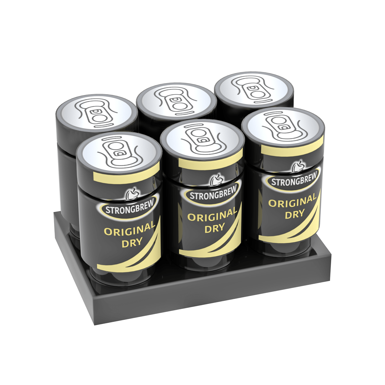 Six pack of  Strongbrew Original Dry Cider cans printed on LEGO parts on a display LEGO plate on a white background