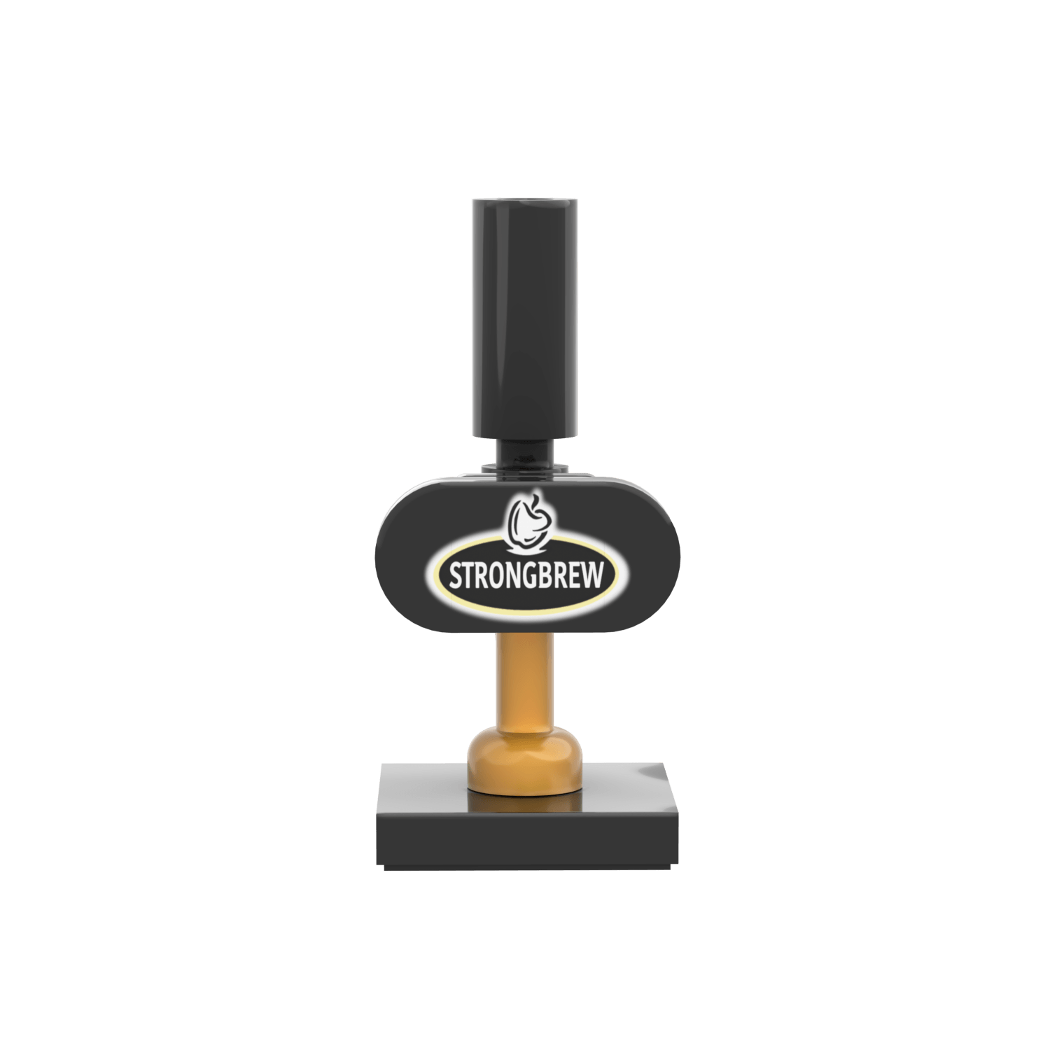 LEGO brick build building set of StrongBrew hard cider pub tap with gold and black elements with "StrongBrew" sign on a white background