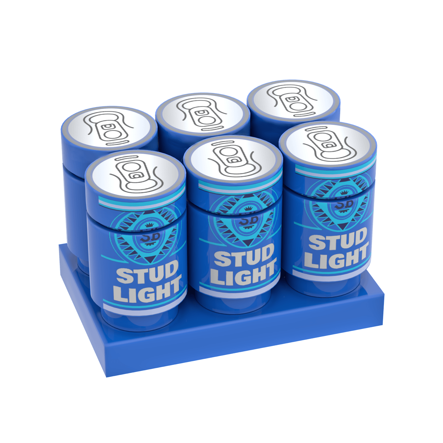6 blue LEGO "STUD LIGHT" printed beer cans, with pull tops printed, on a blue place on a white background.