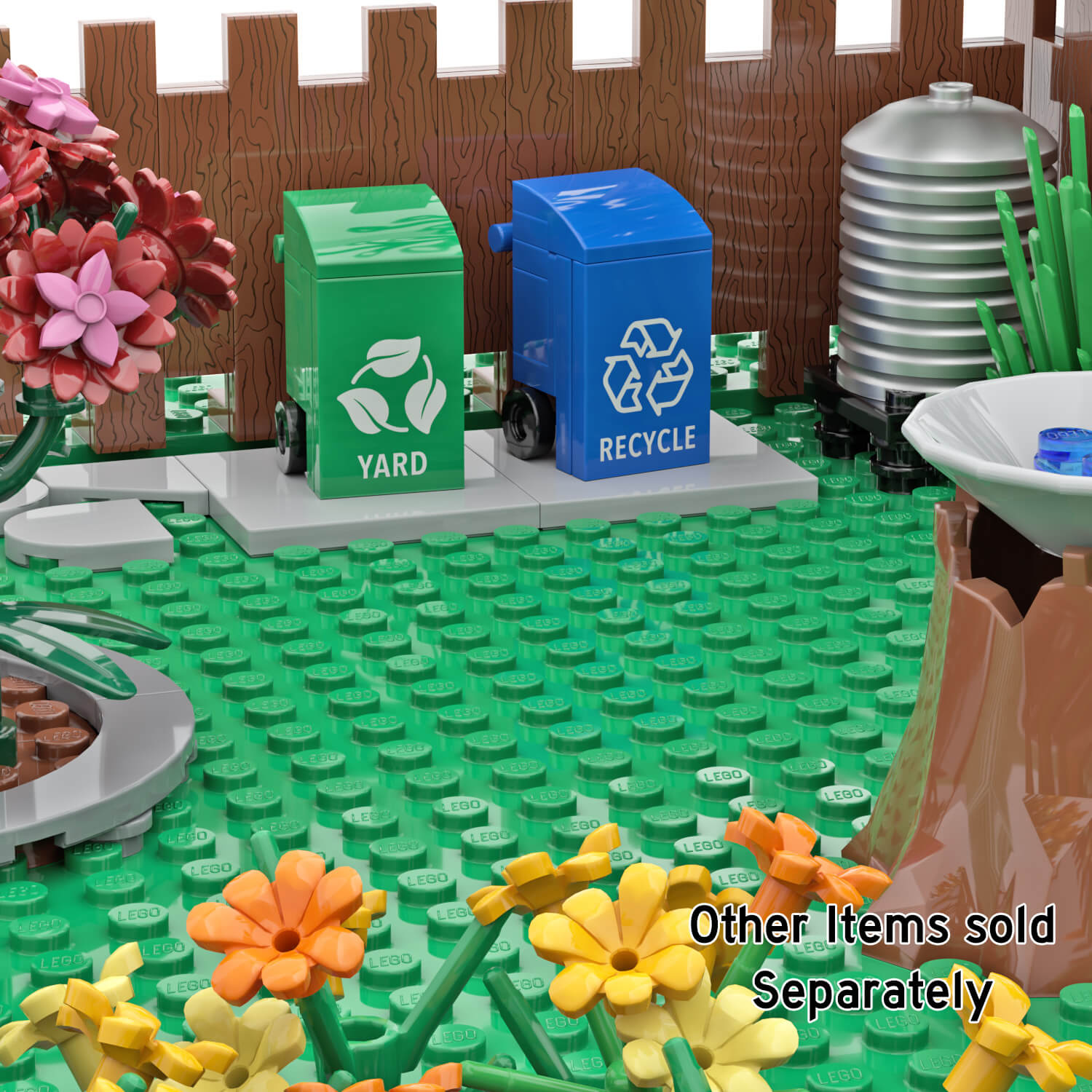 Green Yard and Blue Recycle Trash Bins next to a wooden fence in a LEGO garden scene with yellow, orange and red flowers.