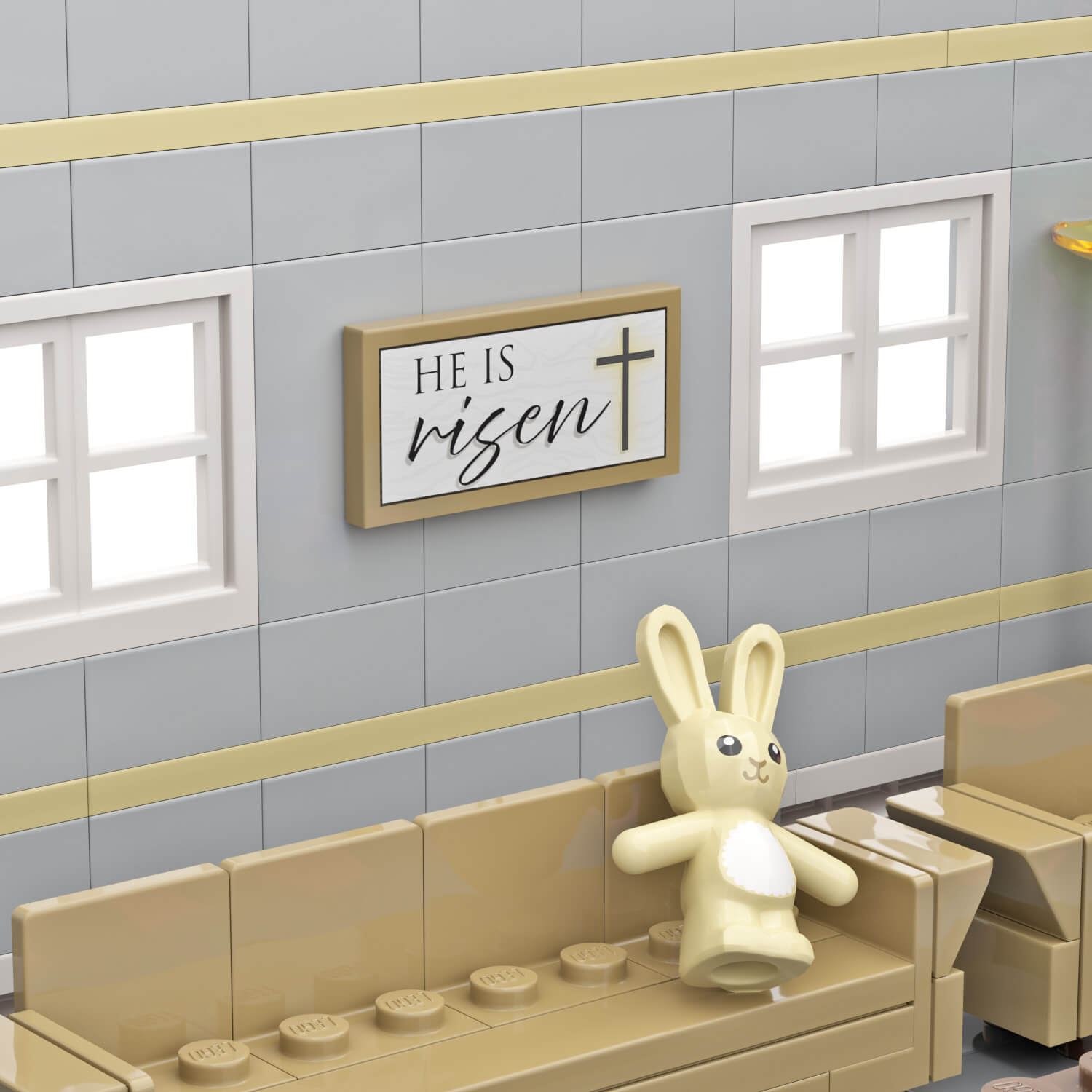 LEGO room with a Easter sign "He Is Risen" custom printed sign hangin on the wall with white windows and couches with a bunny sitting on them.