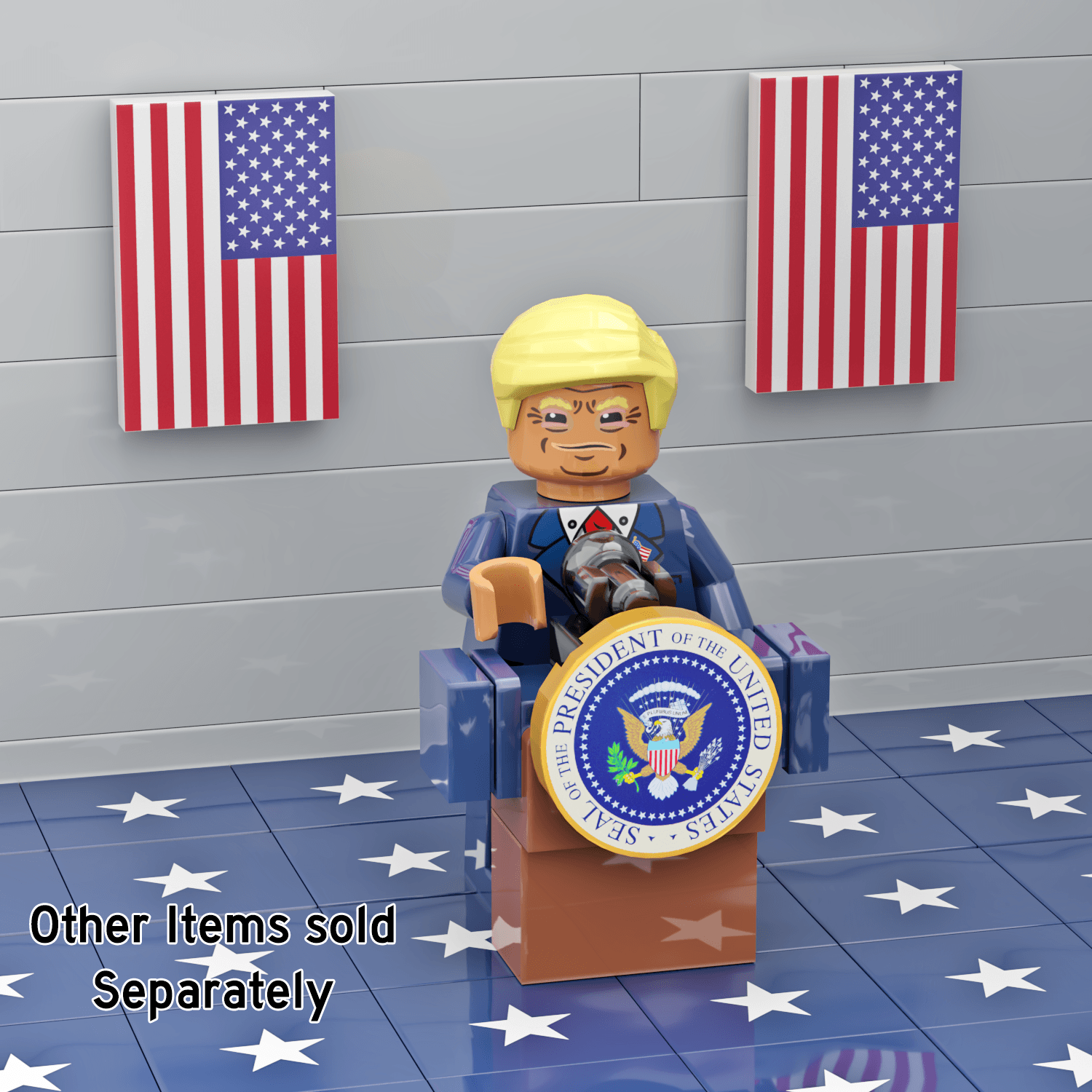 Custom designed presidential podium with President Trump standing on a blue star carpet pattern with 2 USA custom printed flags hanging behind him.