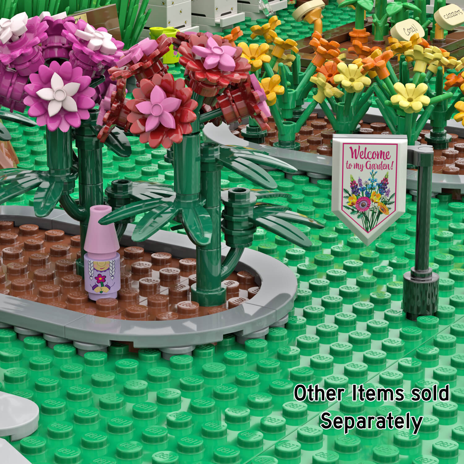LEGO garden with lots of flowers, and flower beds with a pink gnome placed in a flower bed, with a "Welcome to My Garden" hanging sign all on a green LEGO baseplate.