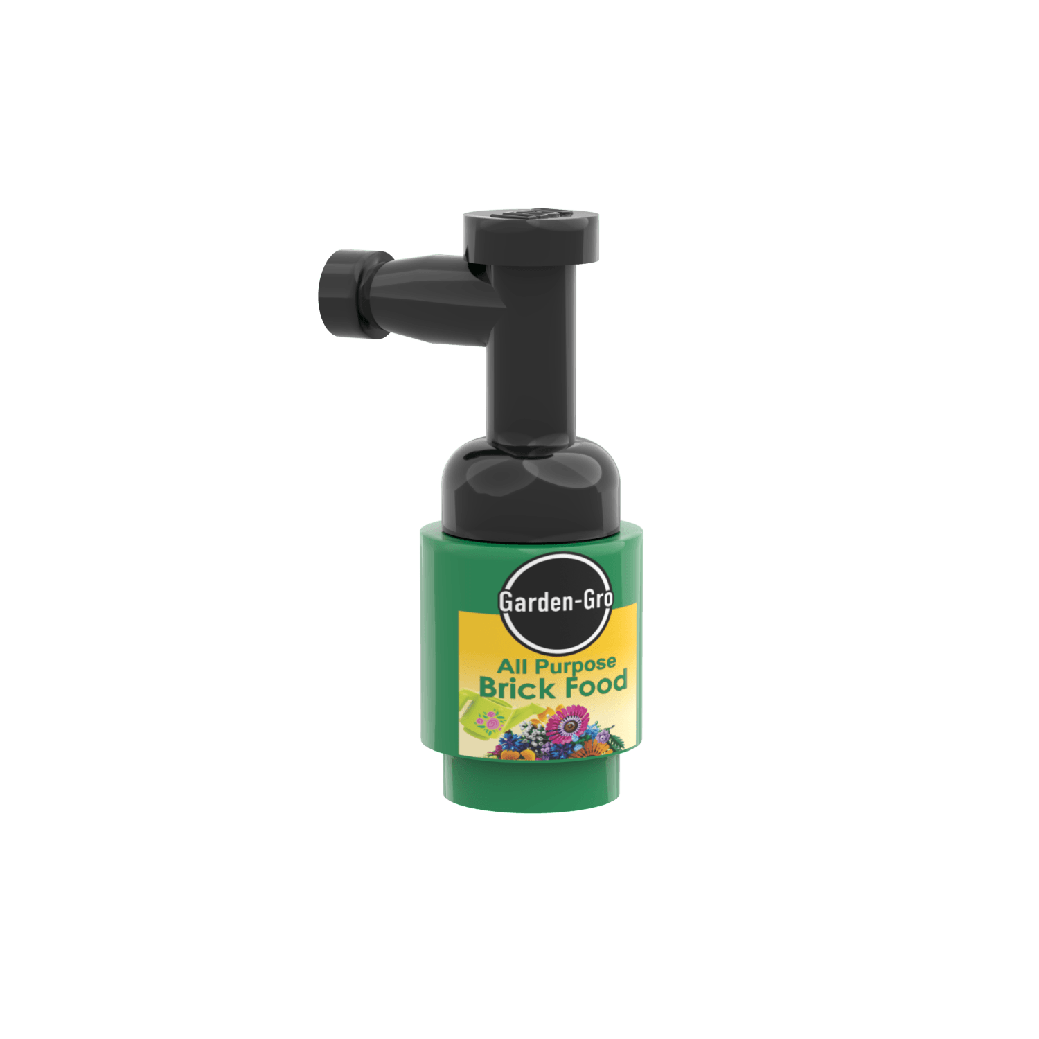Garden-Gro all-purpose brick food with a black nozzle custom printed on LEGO on a white background
