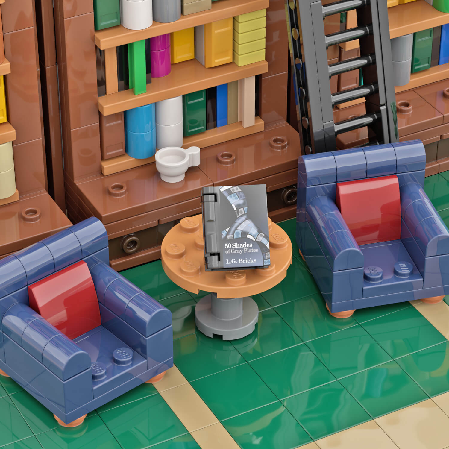 LEGO brick built library setting with bookcases and 2 blue arm chairs, with a black lego book 50 shades of grey plates on a table, with a green and tan tile floor.