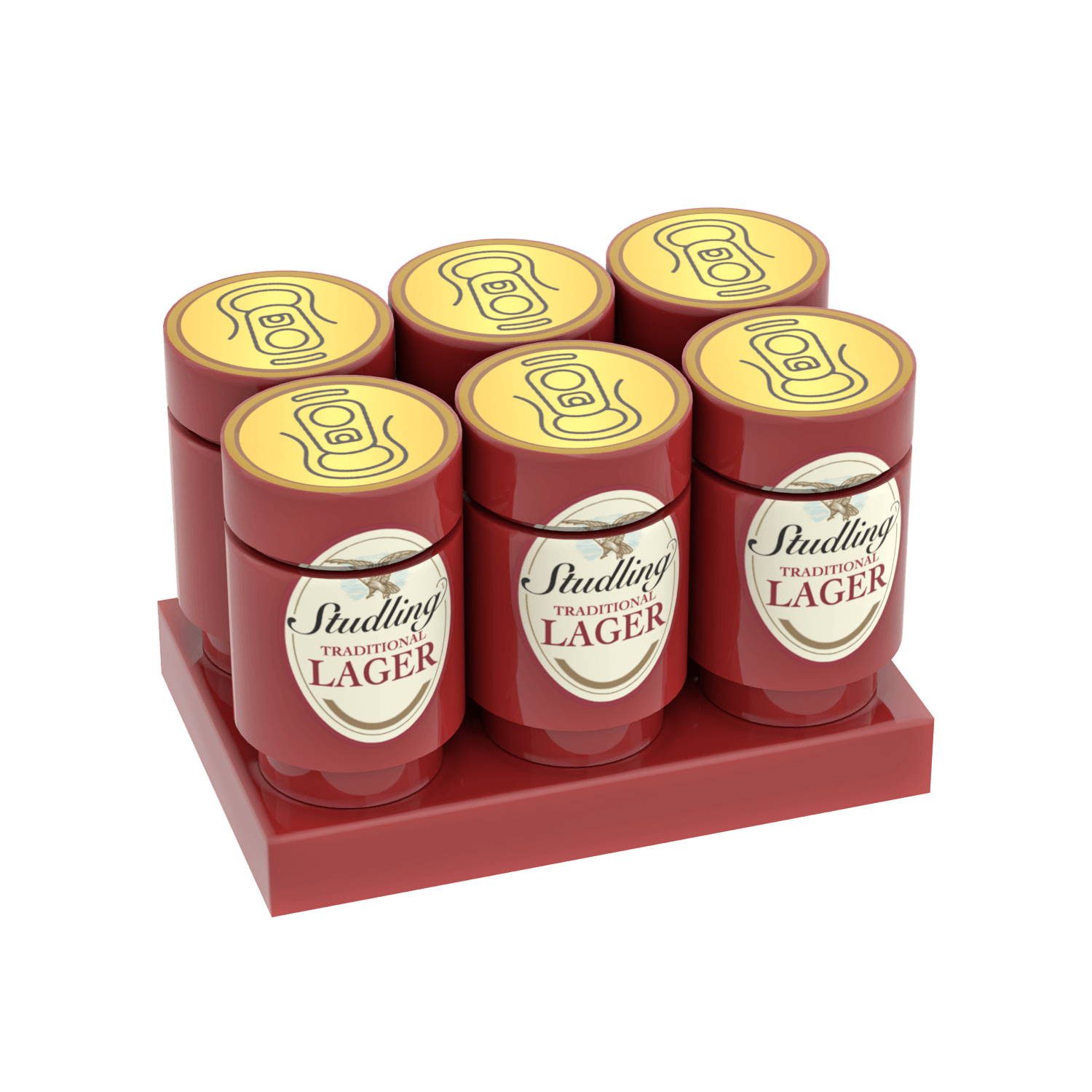 Set of six Studling Traditional Lager cans printed on red LEGO parts with red stand on a white background