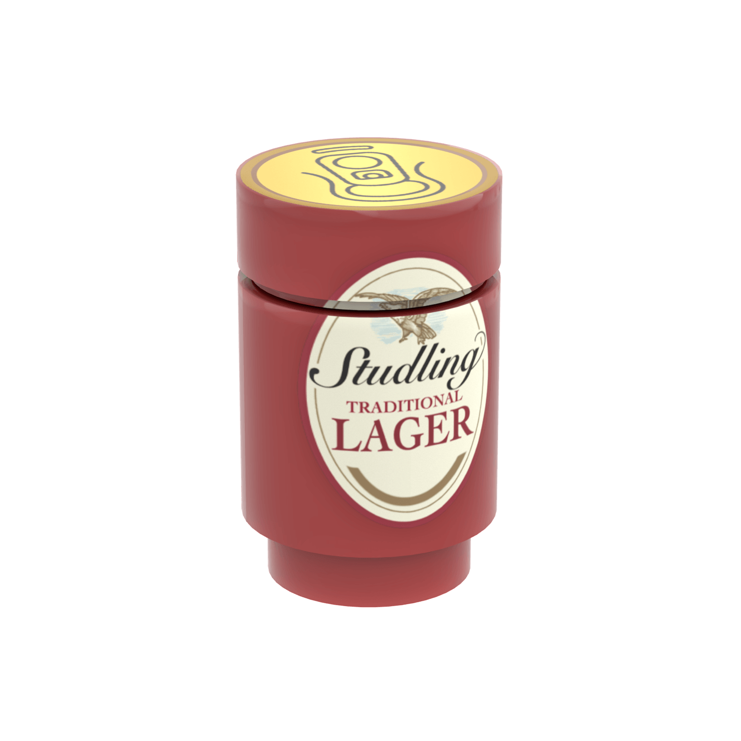 Studling Lager can custom printed on dark red lego parts on a white background.
