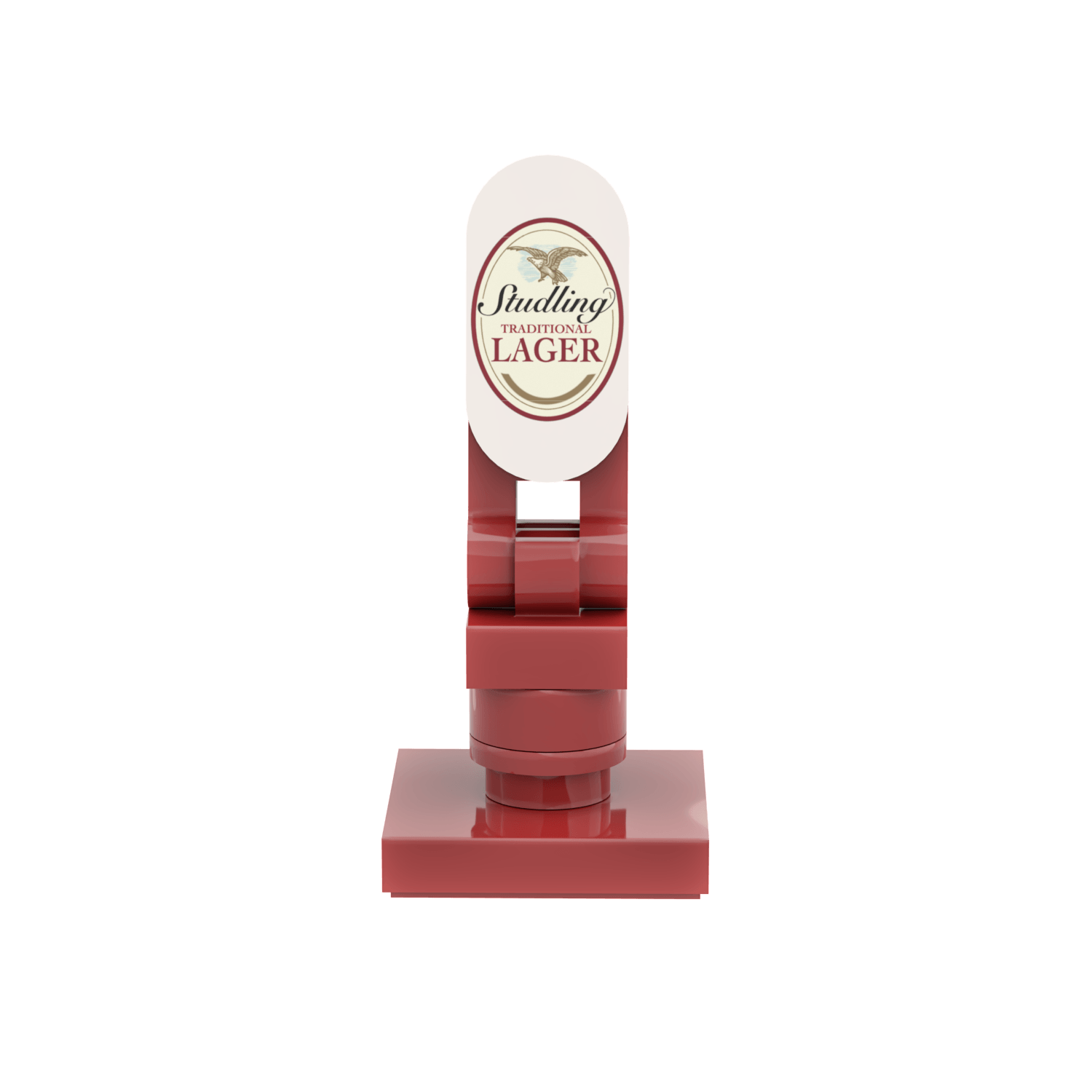 Red StudLing pub style larger tap handle with a white label on a white background.