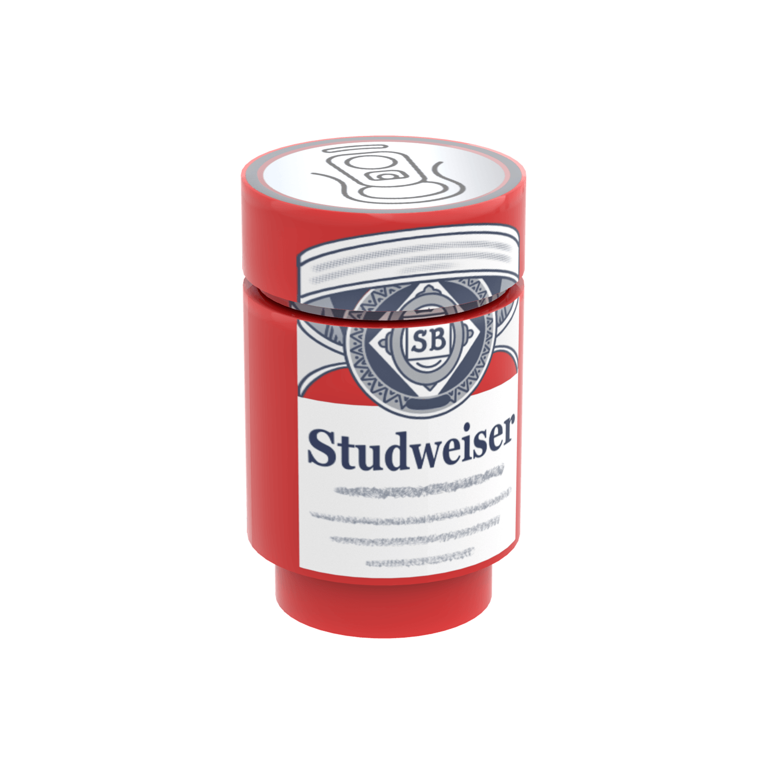 Red and white Studwesier Beer Can made out of LEGO® with 'Studweiser' branding on a white background