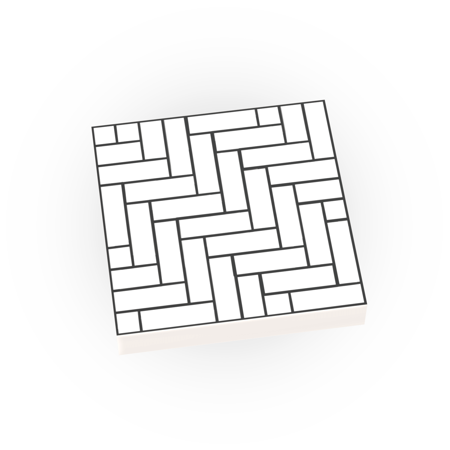 Black and white geometric subeay pattern printed on a lego tile