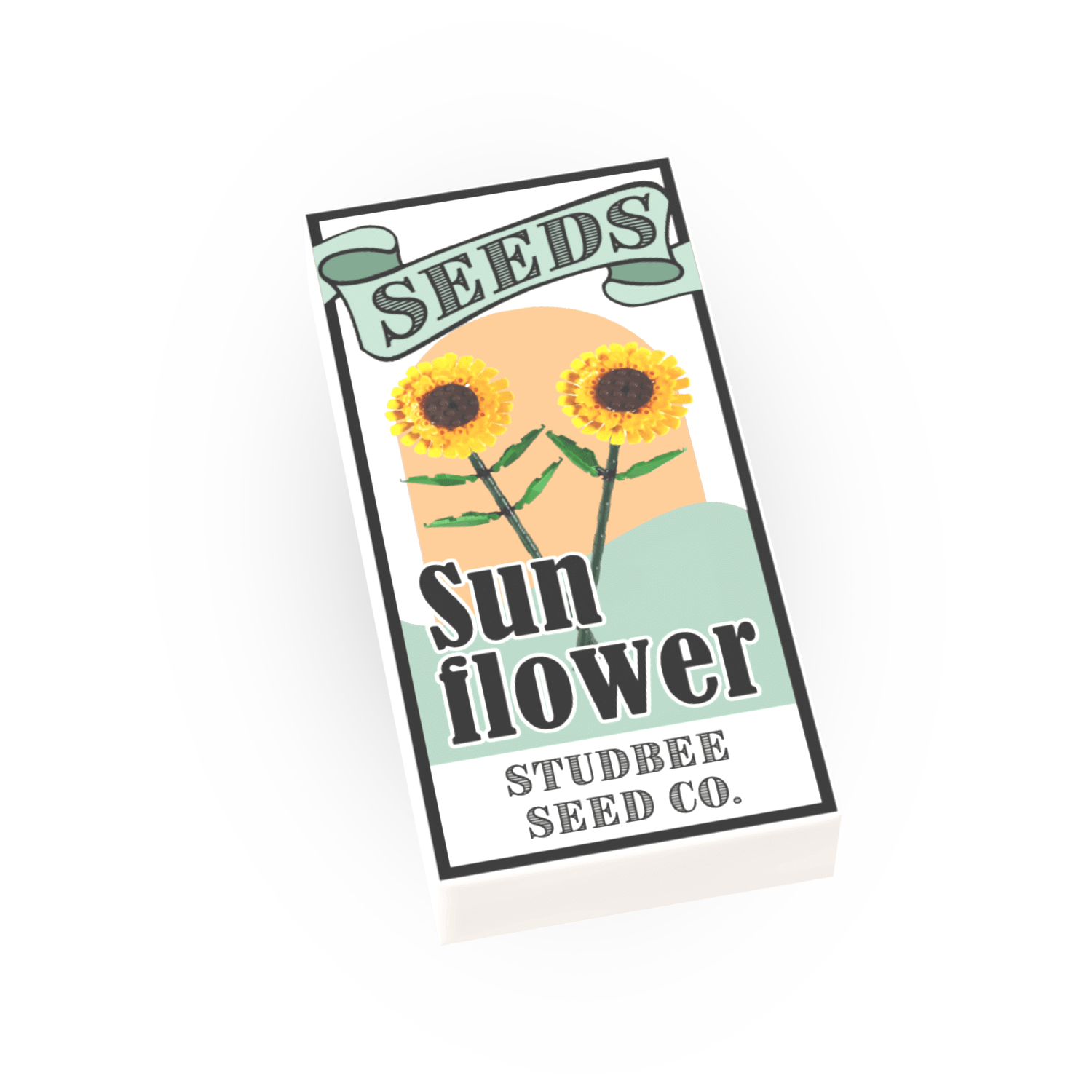 A custom printed LEGO tile with a sunflower seed packet design, featuring two sunflowers and the text 'SEEDS Sunflower STUDBEE SEED CO.'.