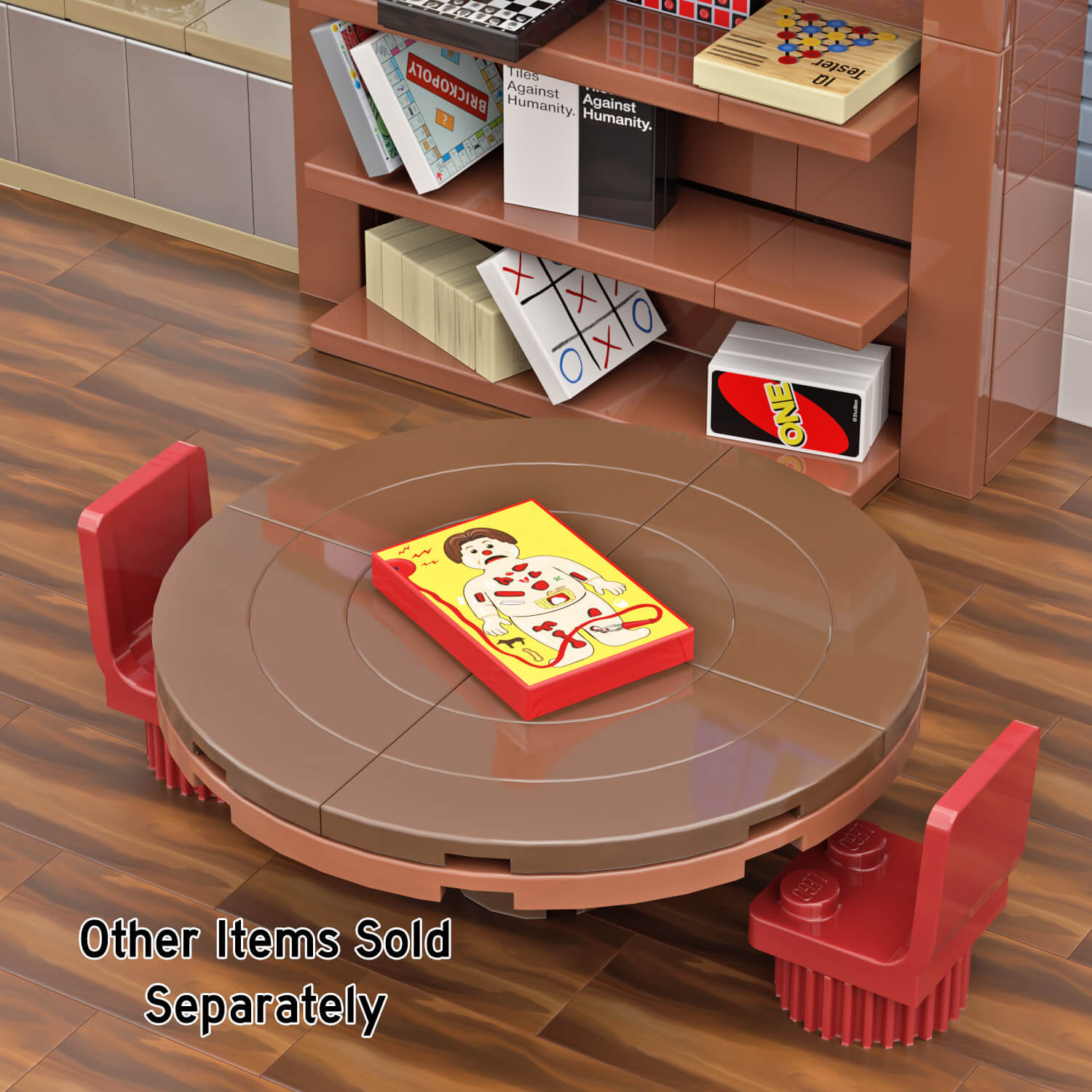 LEGO built surgery operation game on a brown round table with other games in the background in a LEGO dinning room setting