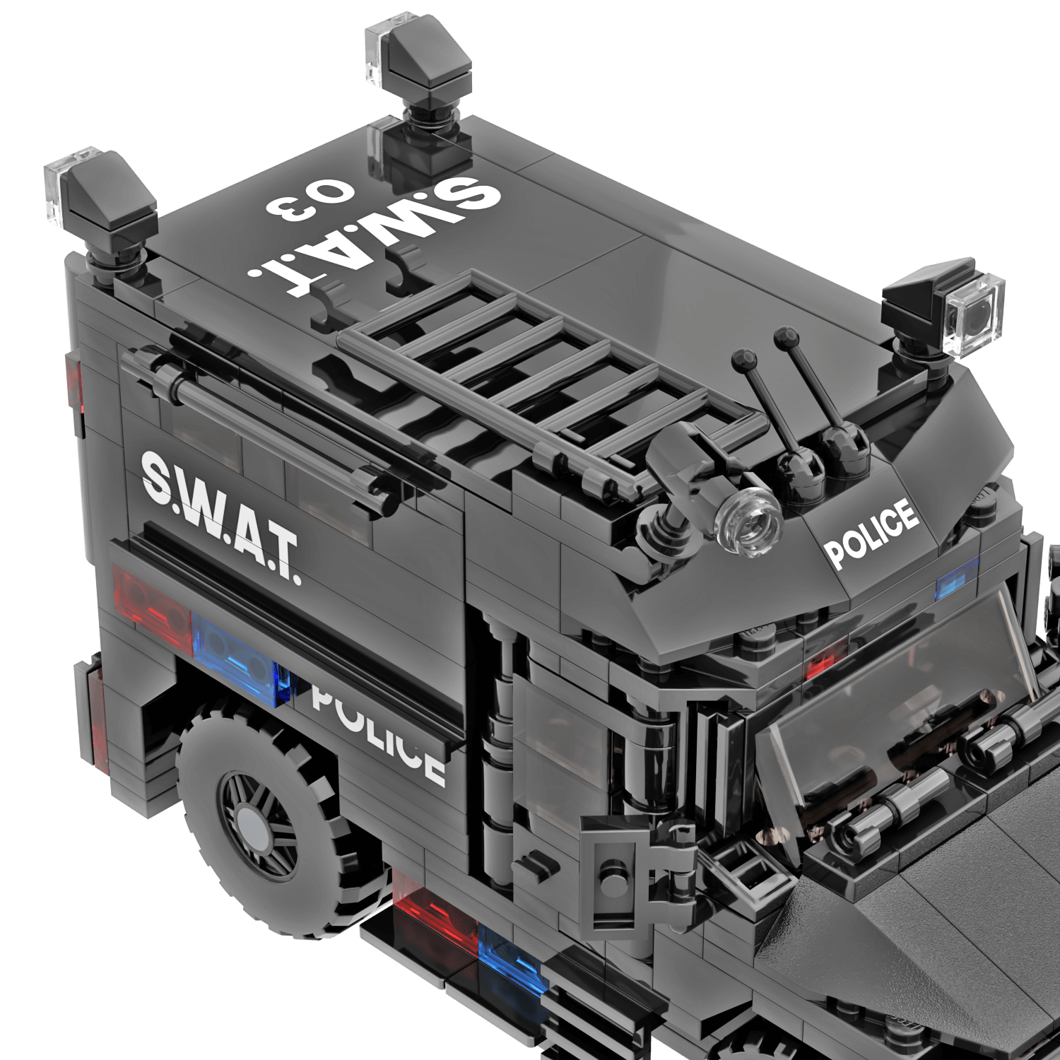 Building set of a S.W.A.T. armored police vehicle model on a white background