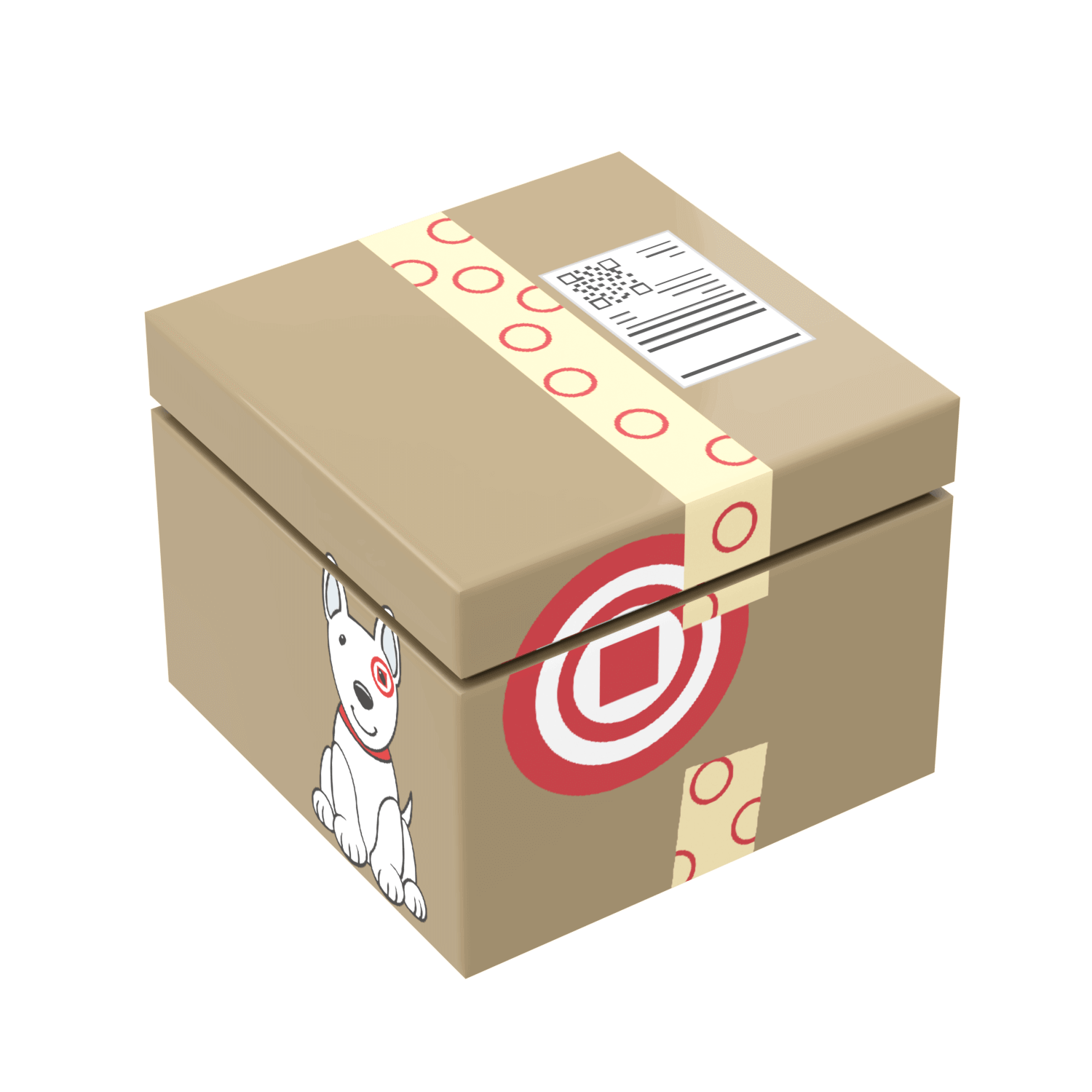 Cardboard box with a cartoon dog and red circle design on a white background