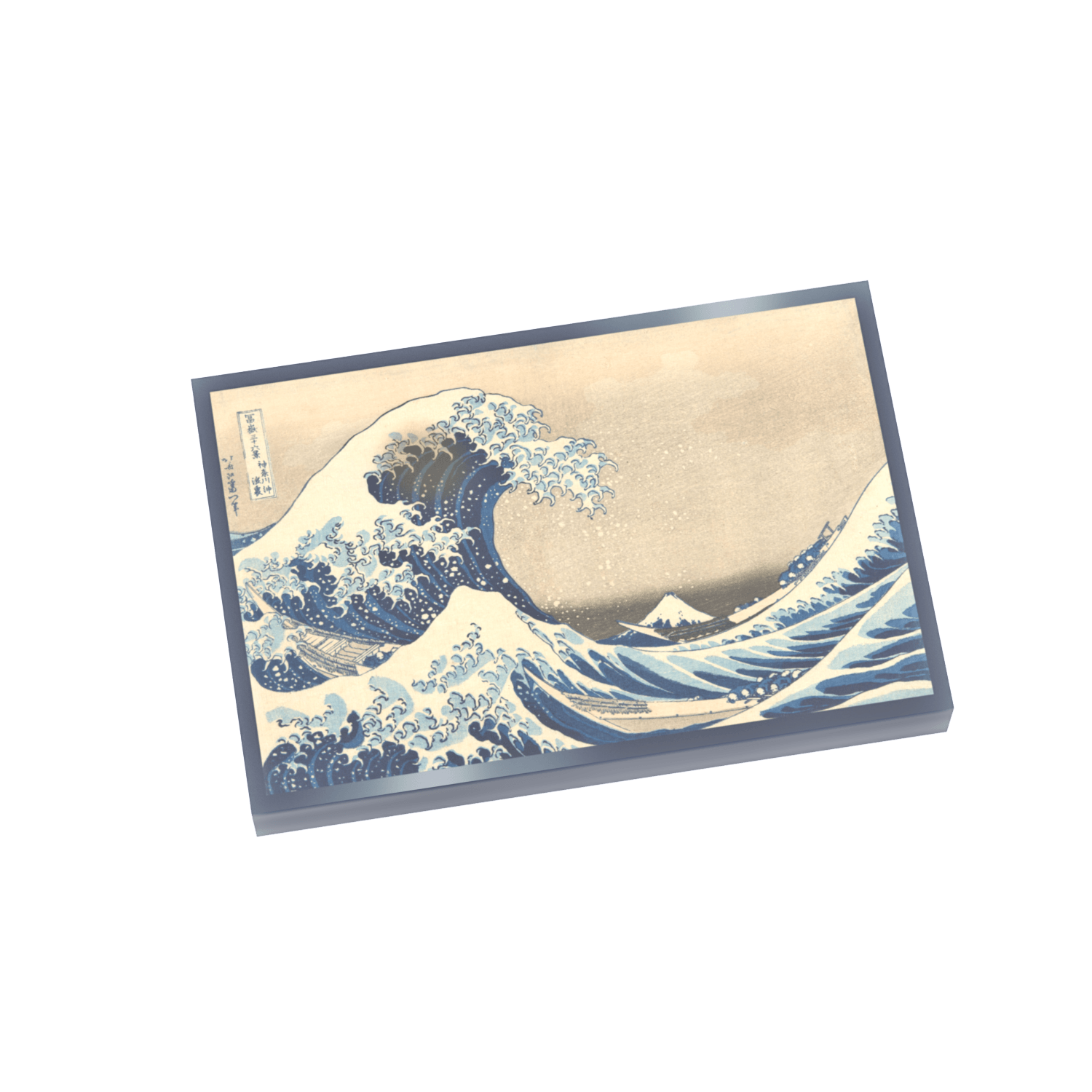The Great Wave off Kanagawa by Katsushika Hokusai printed on a dark blue LEGO tile, with a white background.