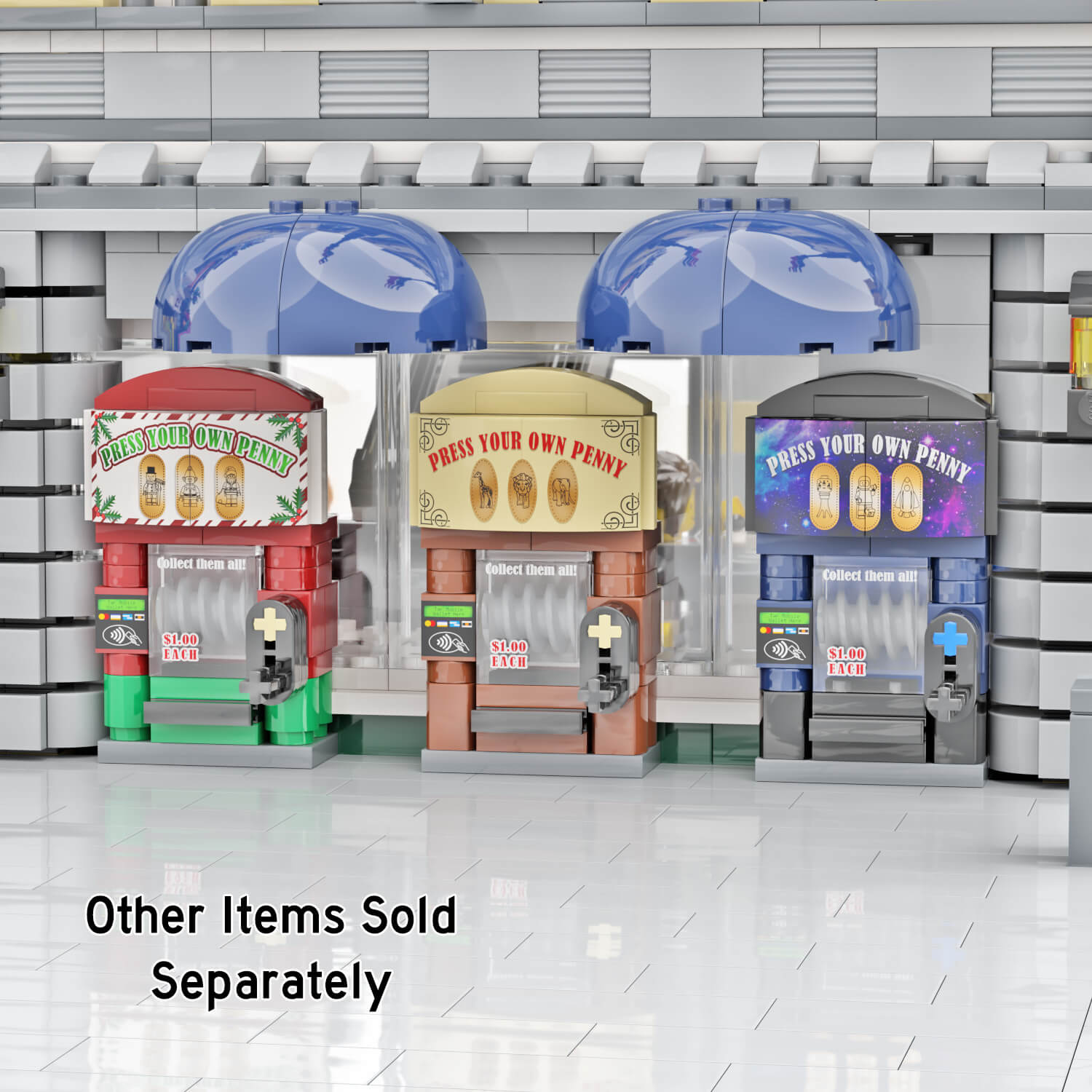 Three colorful penny presses custom LEGO® sets, 3 different themes, Christmas, Animals and Space with various designs outside by a LEGO® building and sidewalk.