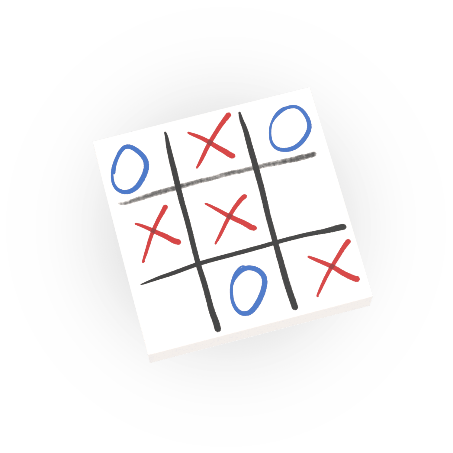 White 2x2 LEGO tile printed with red and blue X's and O's on a tic tac toe board
